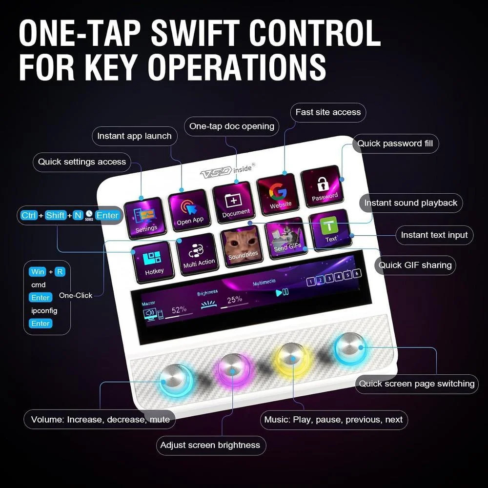 Controlador de streaming VSDINSIDE con teclas programables, macros, efectos sonoros y soporte ergonómico, compatible con Mac y PC