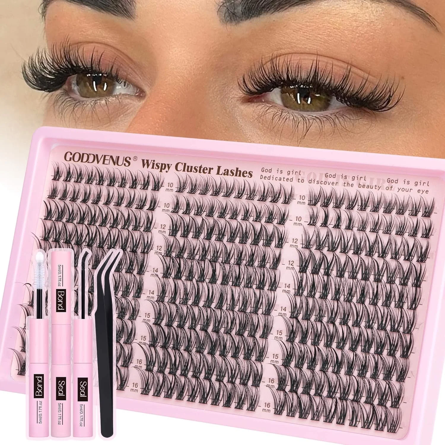 Kit de pestañas en racimos Goddvenus Wispy C Curl 10-16mm con pinzas 300 piezas