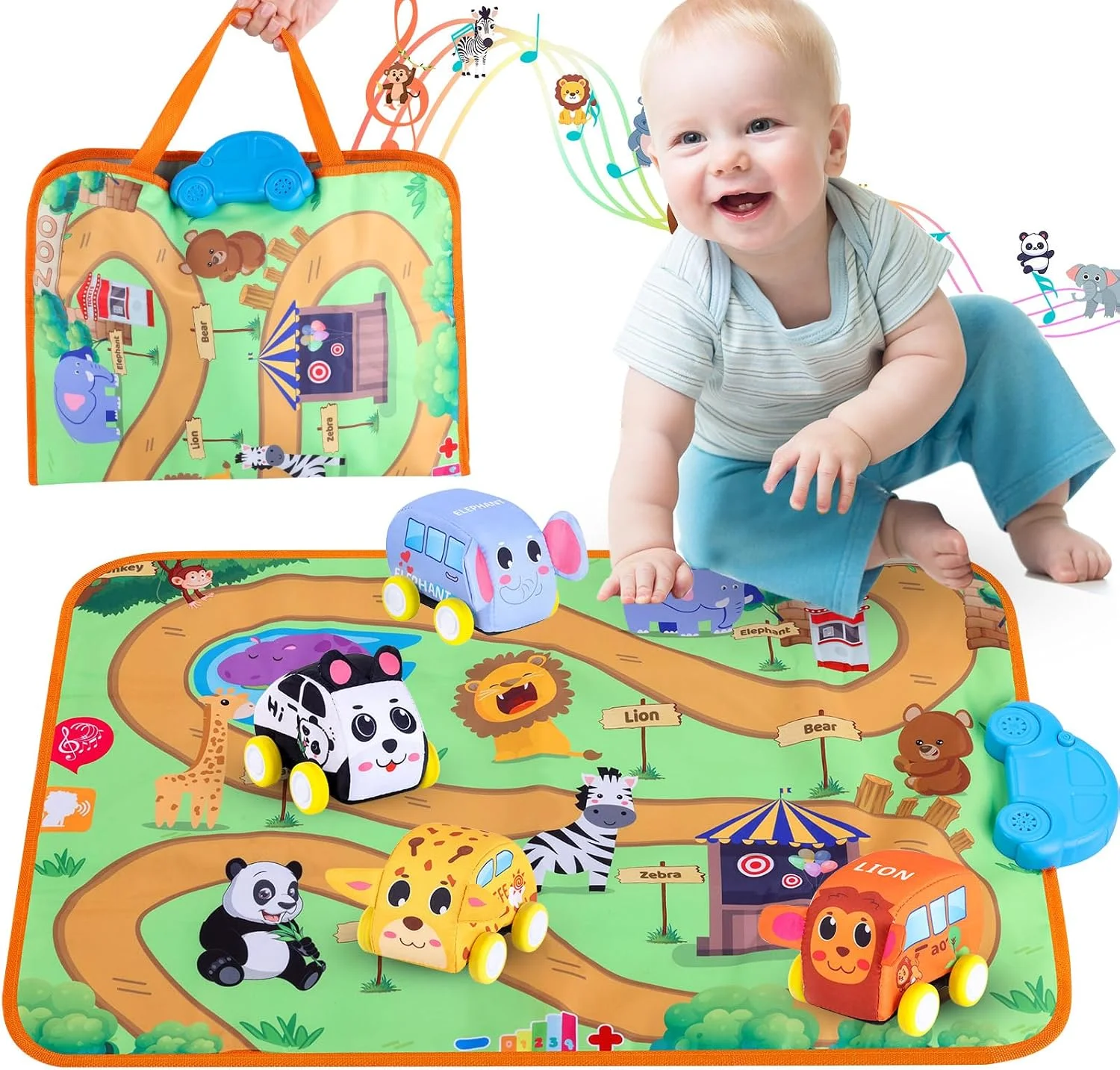 Jetbotell Soft Pull Back Vehicle & Music Mat Set for Toddler Toys 1-3