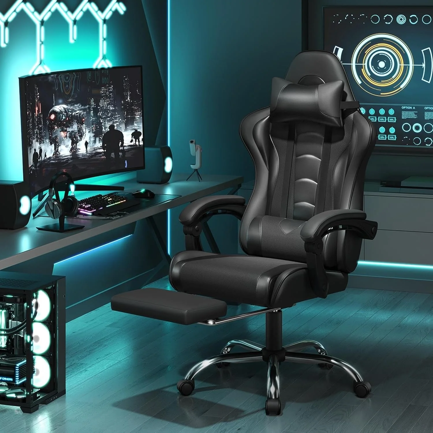 Silla gaming Yaheetech con reposapiés, almohada lumbar de masaje y reclinable