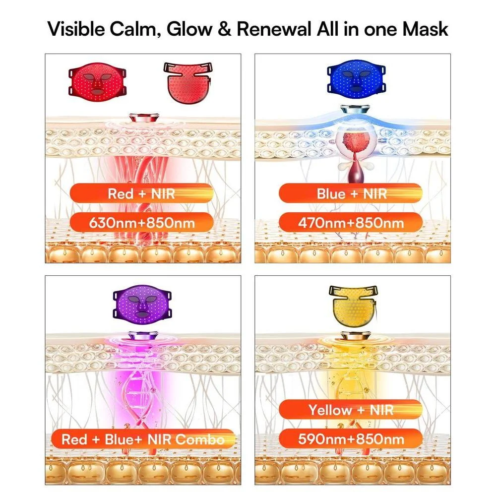 Máscara De Luz Roja Para Cara Y Cuello, 4 Modos: Rojo, Amarillo, Azul Y NIR, LED Recargable 2600mAh, Antienvejecimiento