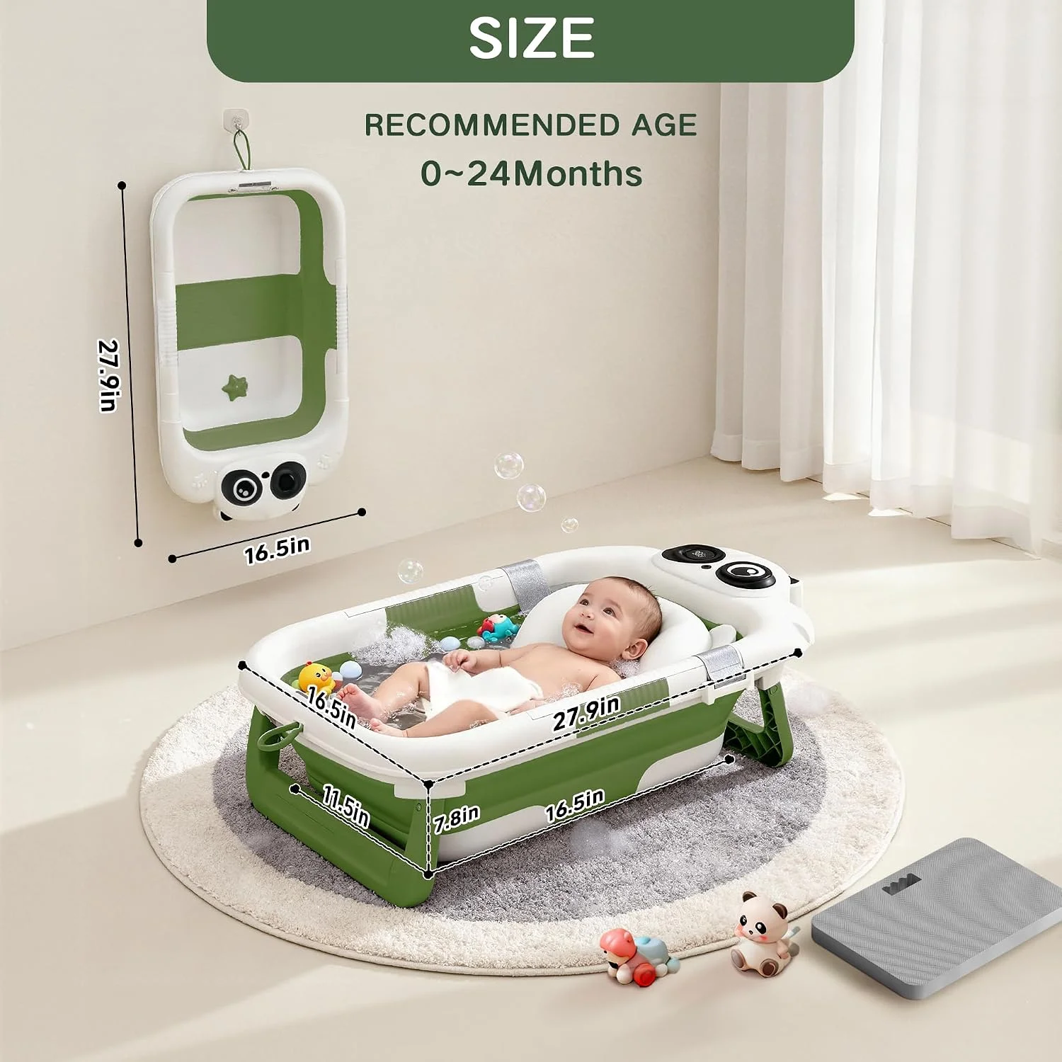 LAUJIA Bañera Plegable para Bebé Diseño Panda con Cojín Verde