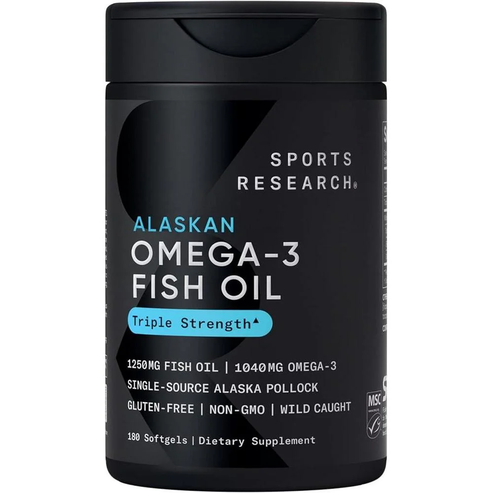 Omega-3 Aceite de Pescado 1250 SR - Suplemento de triple fuerza de pollock de Alaska sostenible, sin OGM ni soja, 180 cápsulas blandas