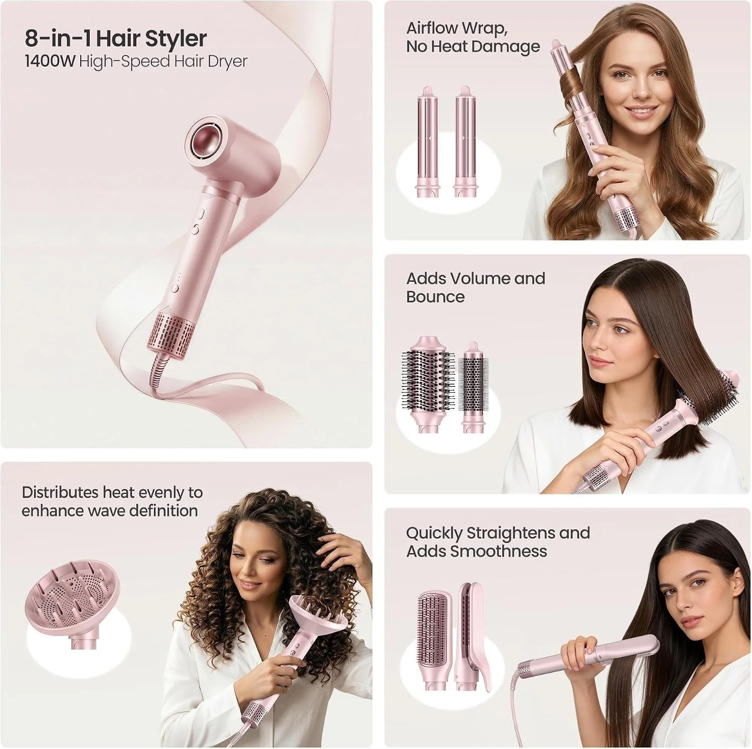 SweetCradle 8-in-1 Hair Styler & Hair Dryer Brush Set, Dual Voltage Ionic Blow Dryer with Wrap Curlers & Hair Straightener, Fast Drying Volumizing Curling Straightening, No Heat Damage, Gifts for Wome