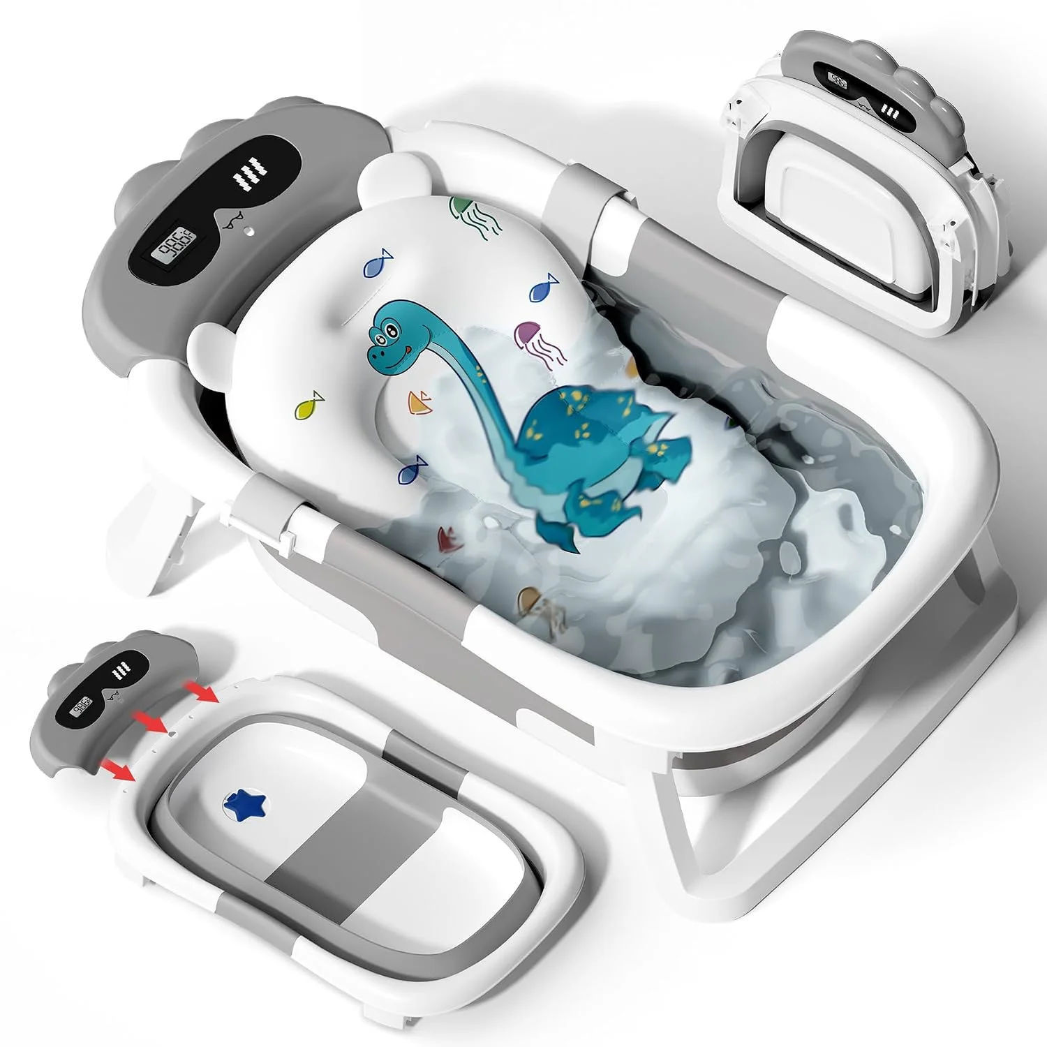AVIDOR Bañera Plegable para Bebé Diseño Dinosaurio con Red de Baño Gris