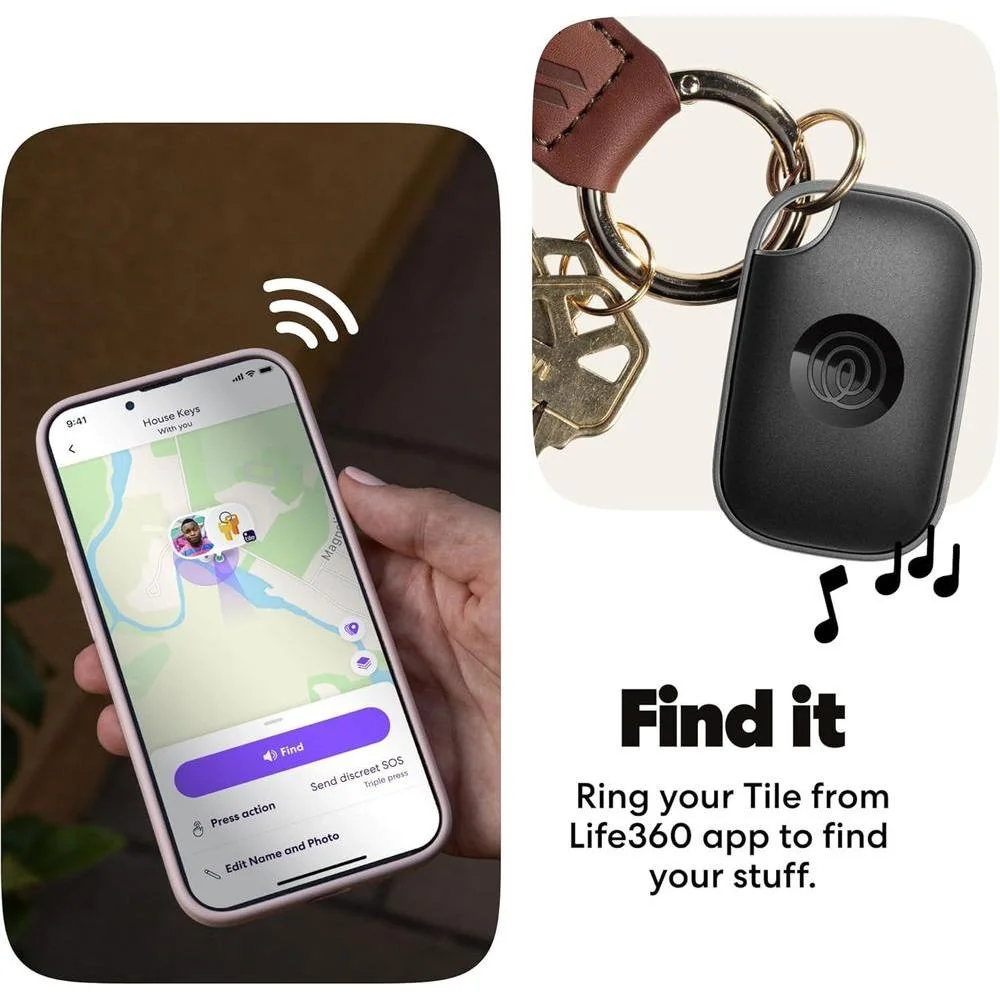Tile Pro de Life360 - Rastreador Bluetooth potente y buscador de llaves/artículos, compatible con iOS y Android, paquete de 4 colores negros/blancos