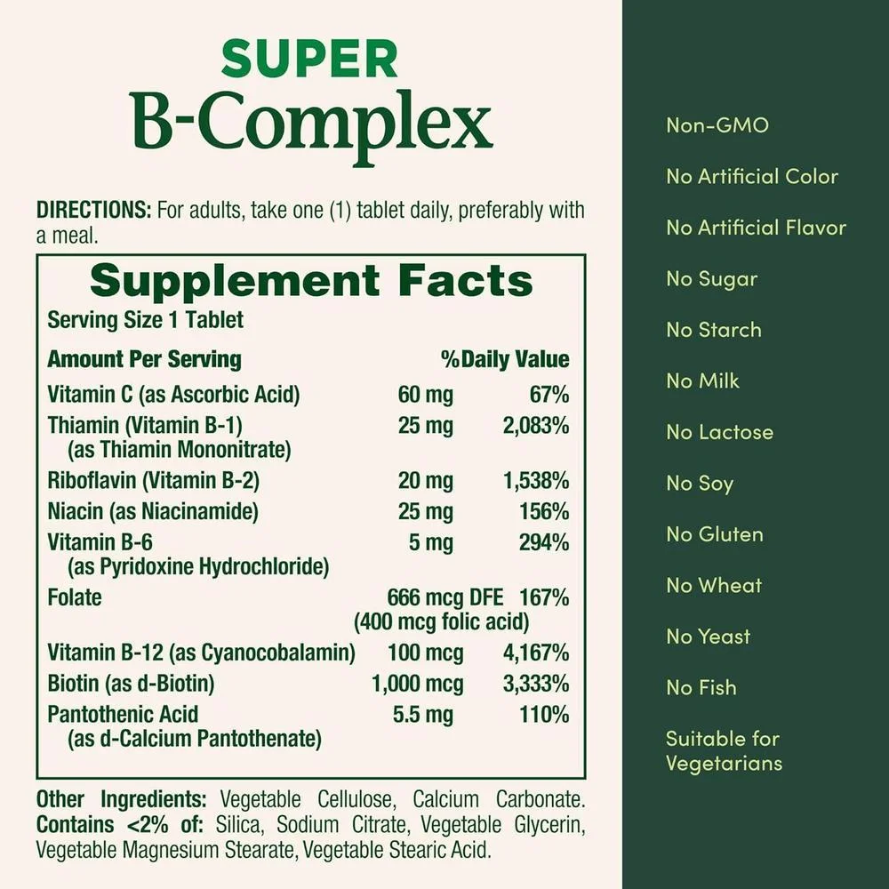 Nature's Bounty Vitaminas del Complejo Súper B con Vitamina C y Ácido Fólico para energía celular e inmunidad