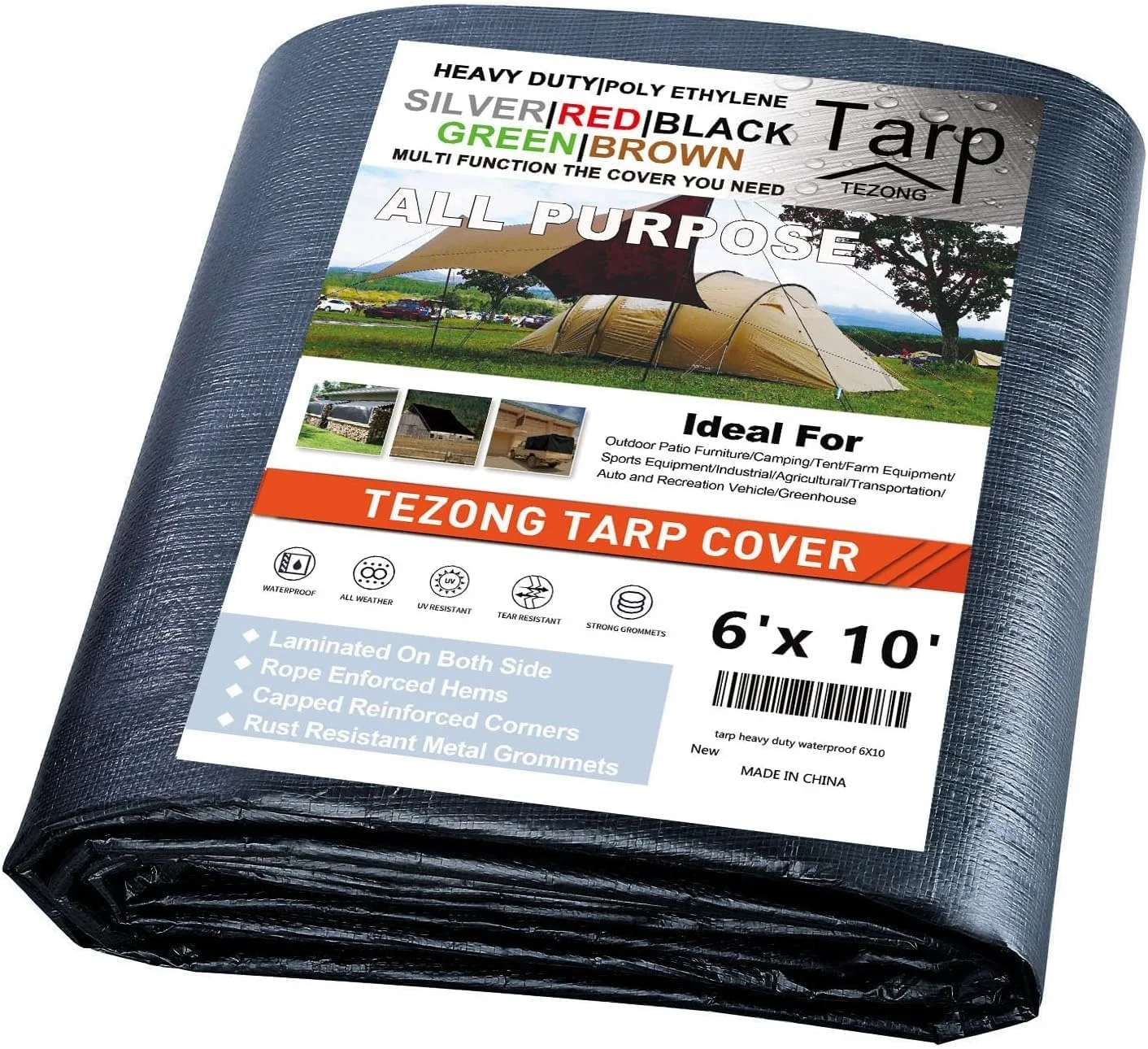 Tarps Heavy Duty Waterproof 6x10ft,TEZONG Black Tarp 16Mil Plastic Tarpaulin Outdoor Tarp Cover for Emergency Rain,Patio Furniture,Wood,Roof,Camping,Car,Pool