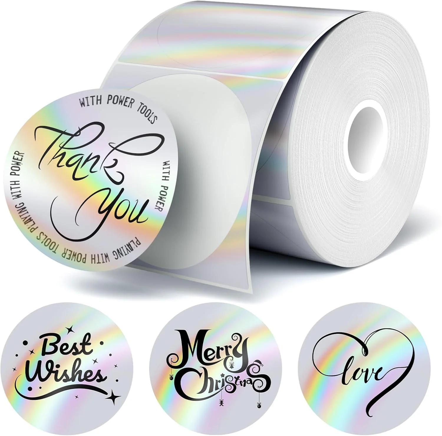 Etiquetas térmicas holográficas redondas 3 pulgadas Flyqggo con diseño onda arcoíris, 200 unidades, plata
