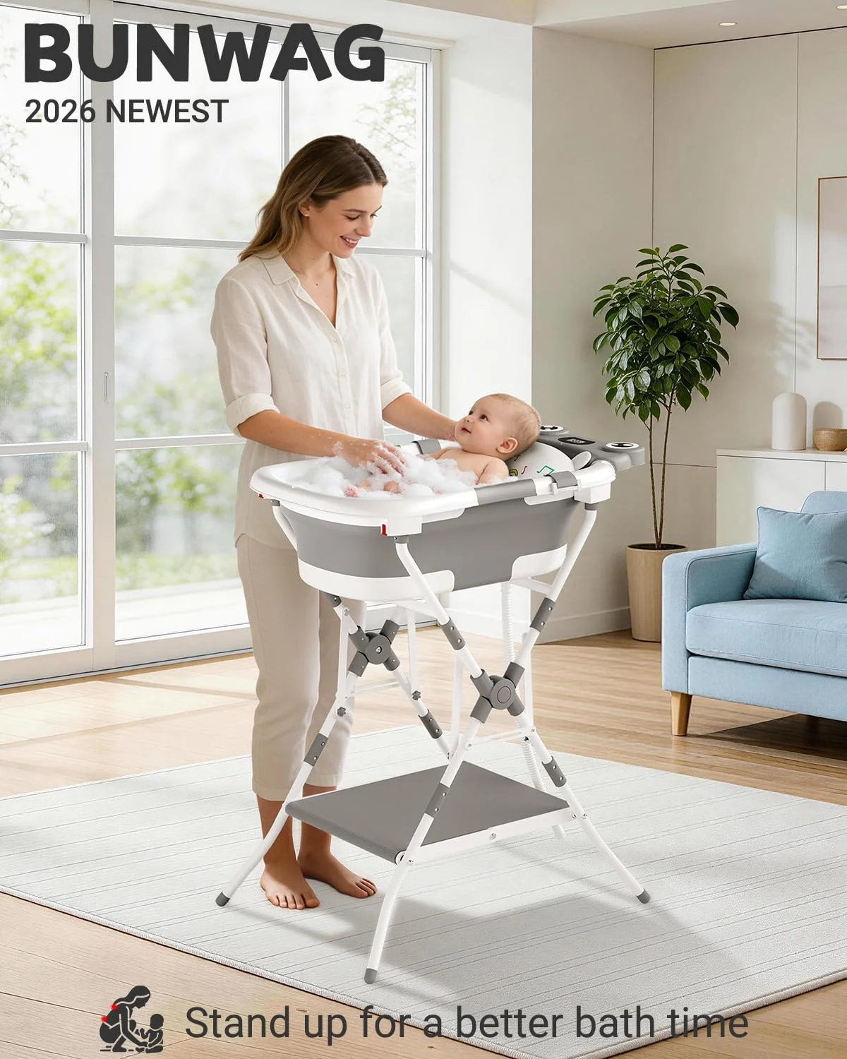 BUNWAG Bañera 2 en 1 con Soporte Plegable de Altura Ergonómica