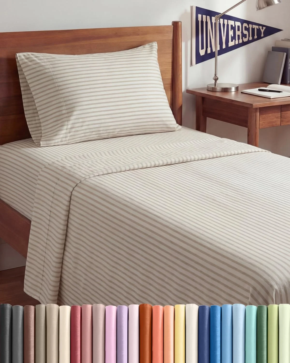 Juego de Sábanas Twin XL 3 Piezas Microfibra Beige Rayas