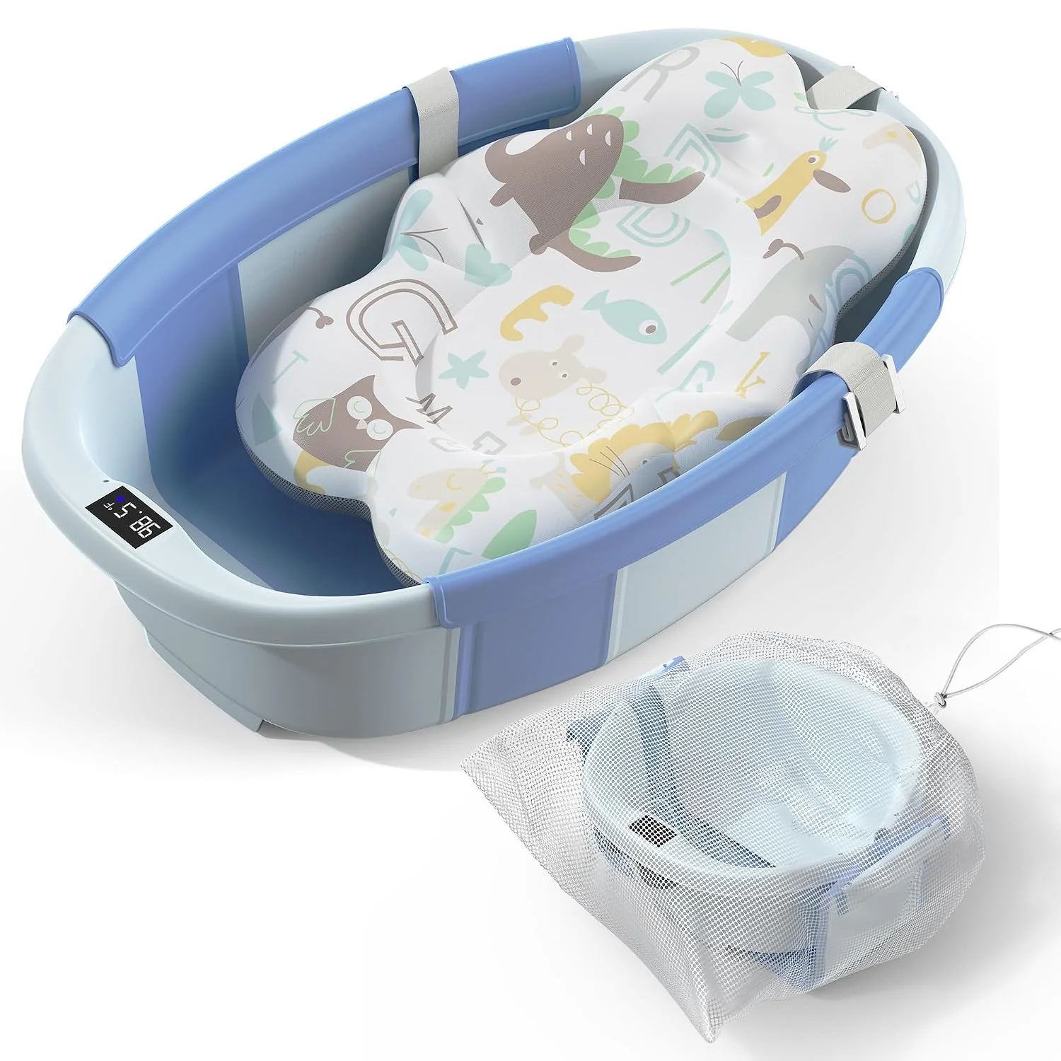 Spluvvly Bañera Plegable Grande para Bebé con Termómetro y Cojín Azul