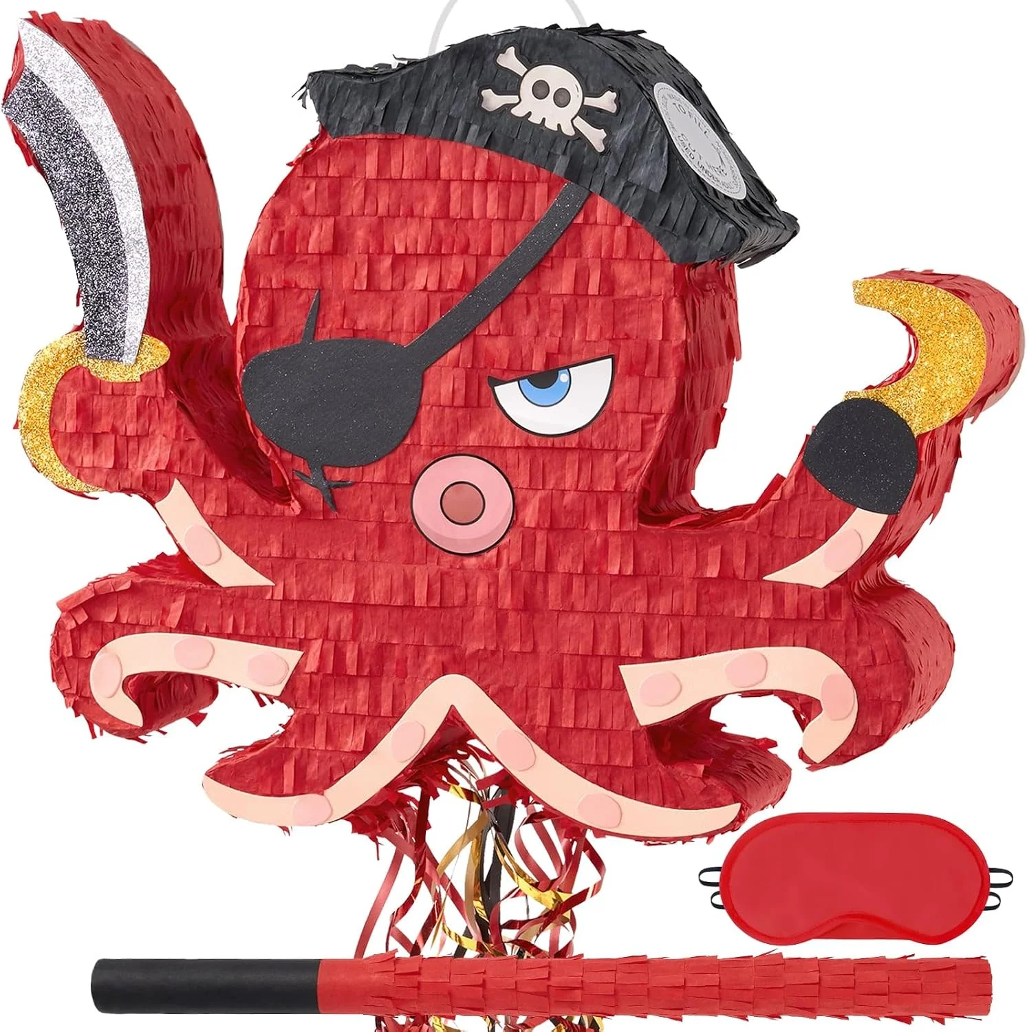 Piñata Pulpo Pirata Rojo WERNNSAI con Antifaz y Palo
