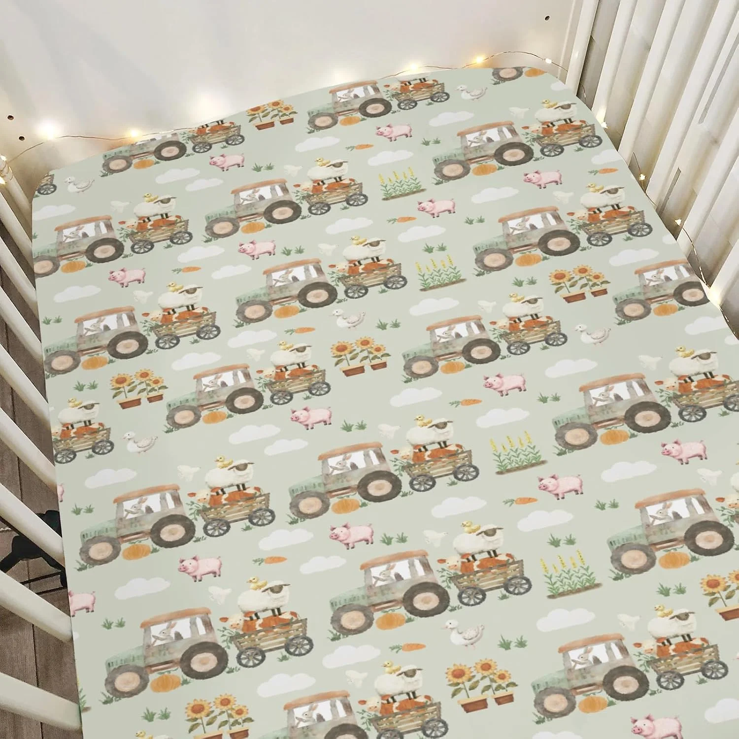 Spring Farm Life Baby Crib Sheets for Boy Girl 28"x52" Tractor Pig Lamb Cow Duck Sunflowers Soft Stretchy Fitted Crib Mattress Cover Farm Animal Baby Sheet for Standard Crib & Toddler Bed Mattress