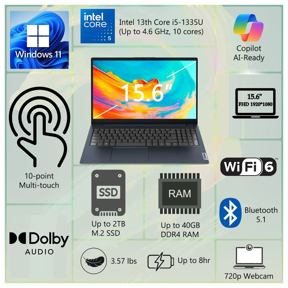 Lenovo IdeaPad Laptop Intel I7 13ª Gen 16GB Ram 512GB SSD WUXGA WiFi 6 Office 365