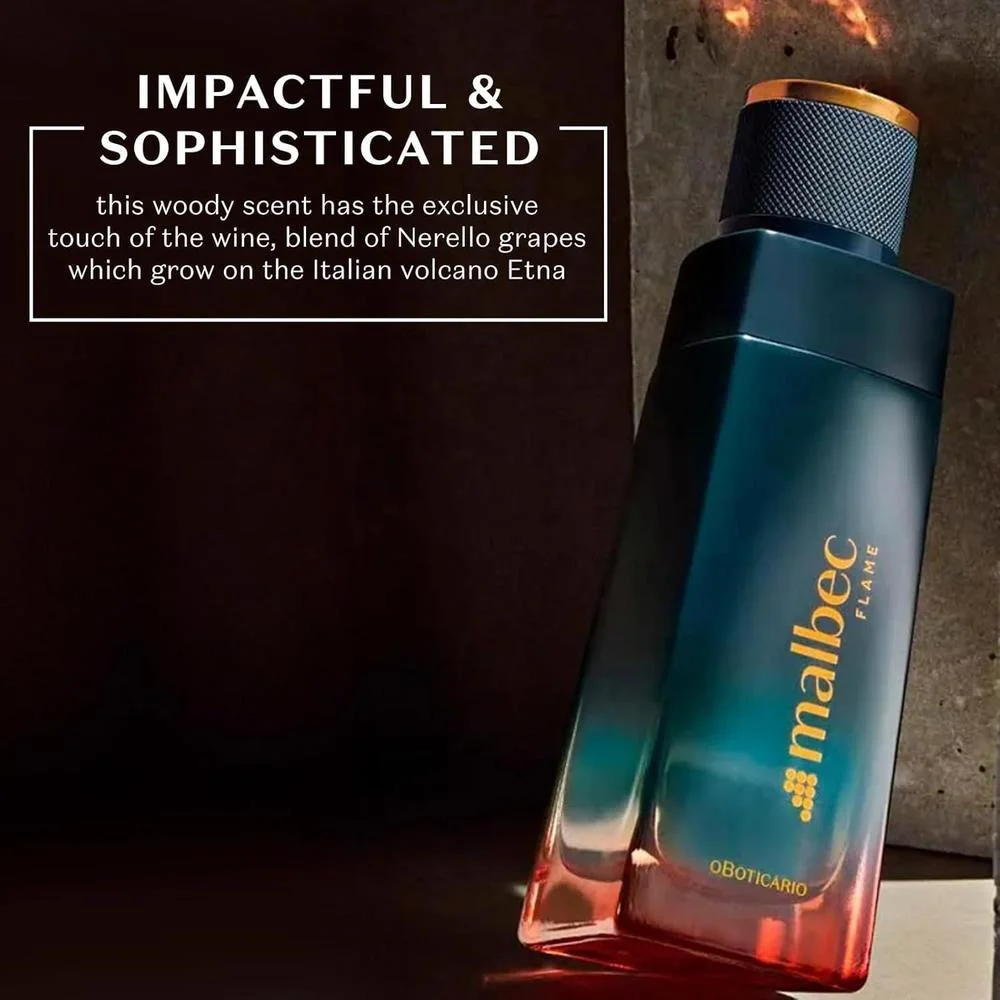 Malbec Eau De Toilette Flame de O Boticário, colonia para hombres con aroma a uva Nerello amaderada y vetiver