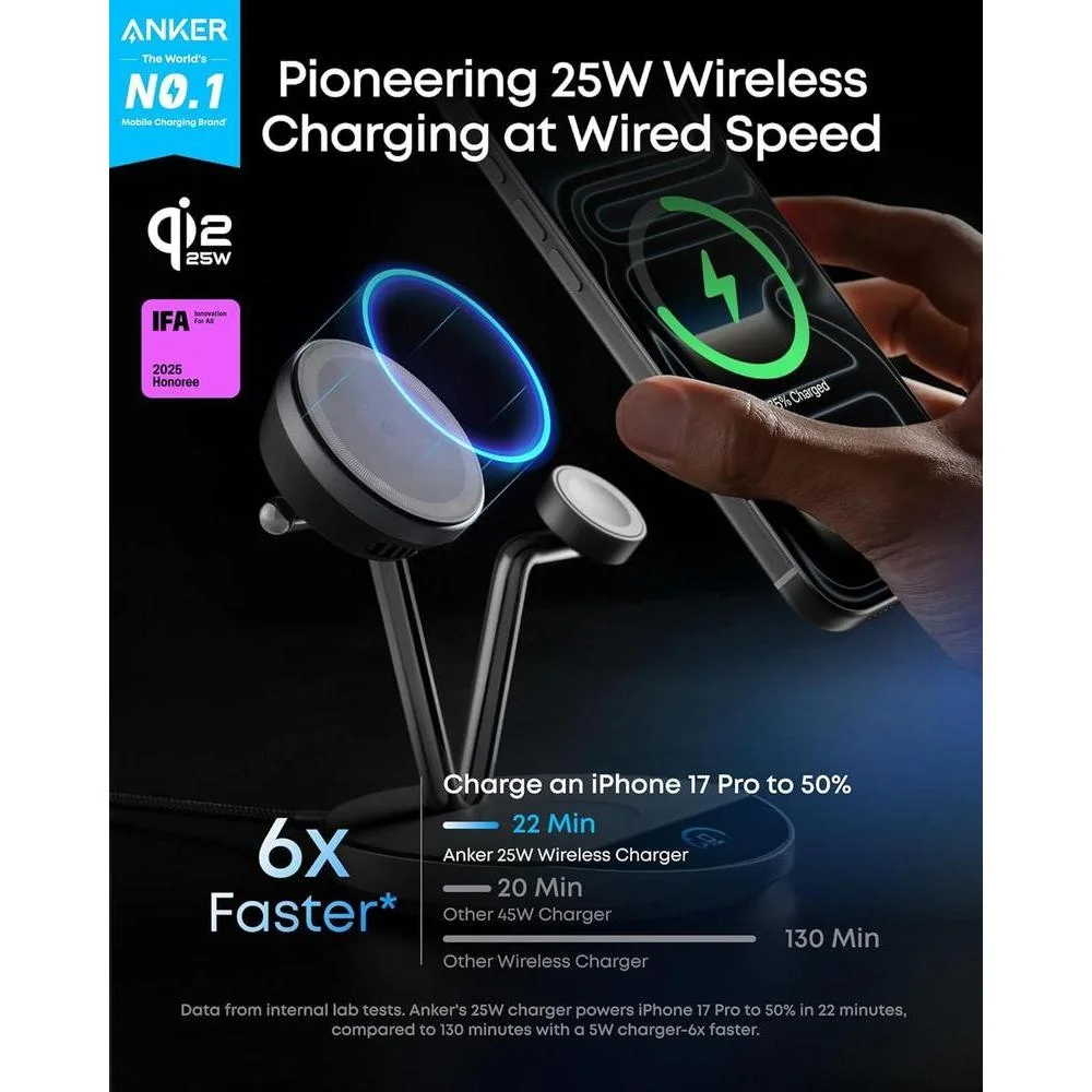 Anker Prime MagSafe: Estación de carga inalámbrica 3 en 1, certificada Qi2 para iPhone y Apple Watch con pantalla inteligente