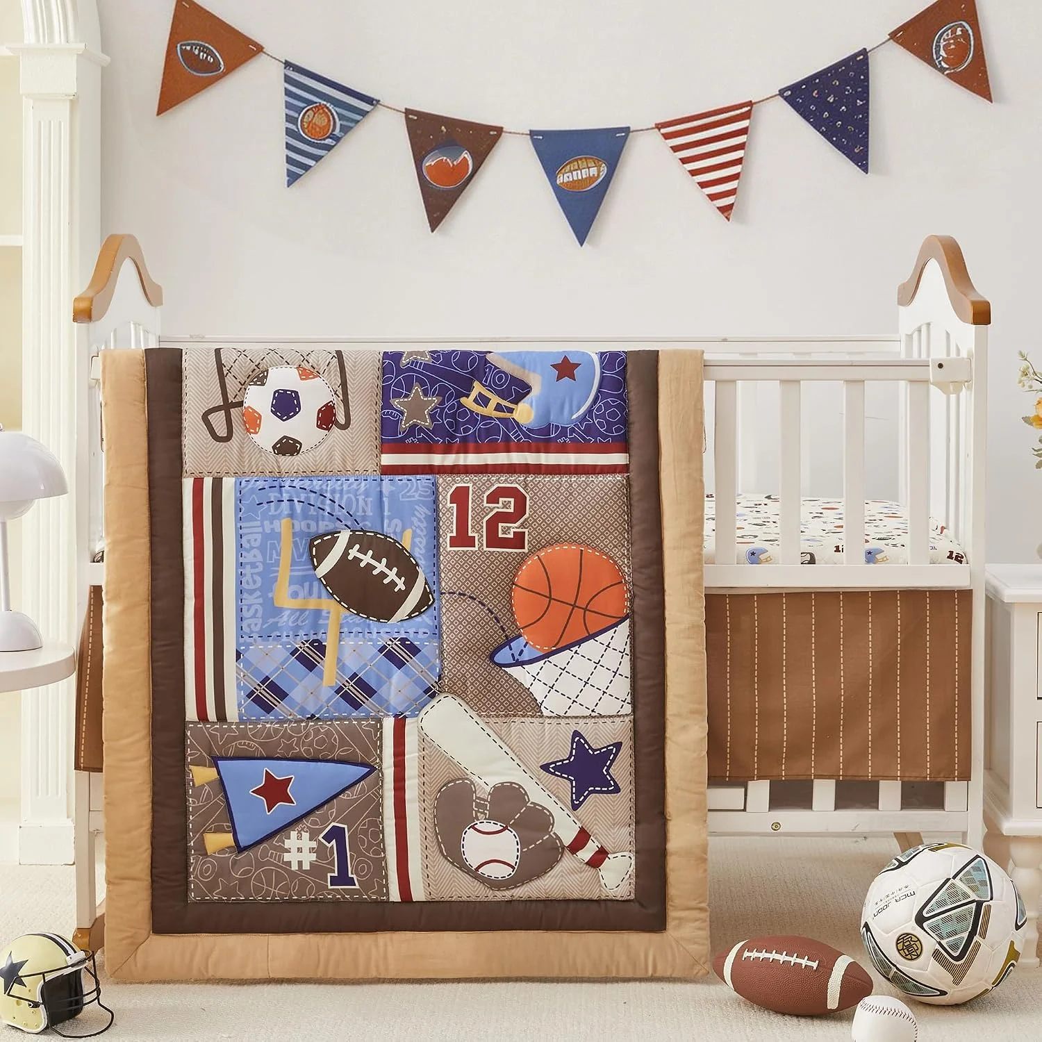 Wowelife Sports Crib Bedding Set for Boys, Premium 3-Piece Baby Bedding Set Brown Football Basketball Rugby Crib Bed Set Baseball Soft with Crib Comforter, Sheet & Crib Skirt, Brown