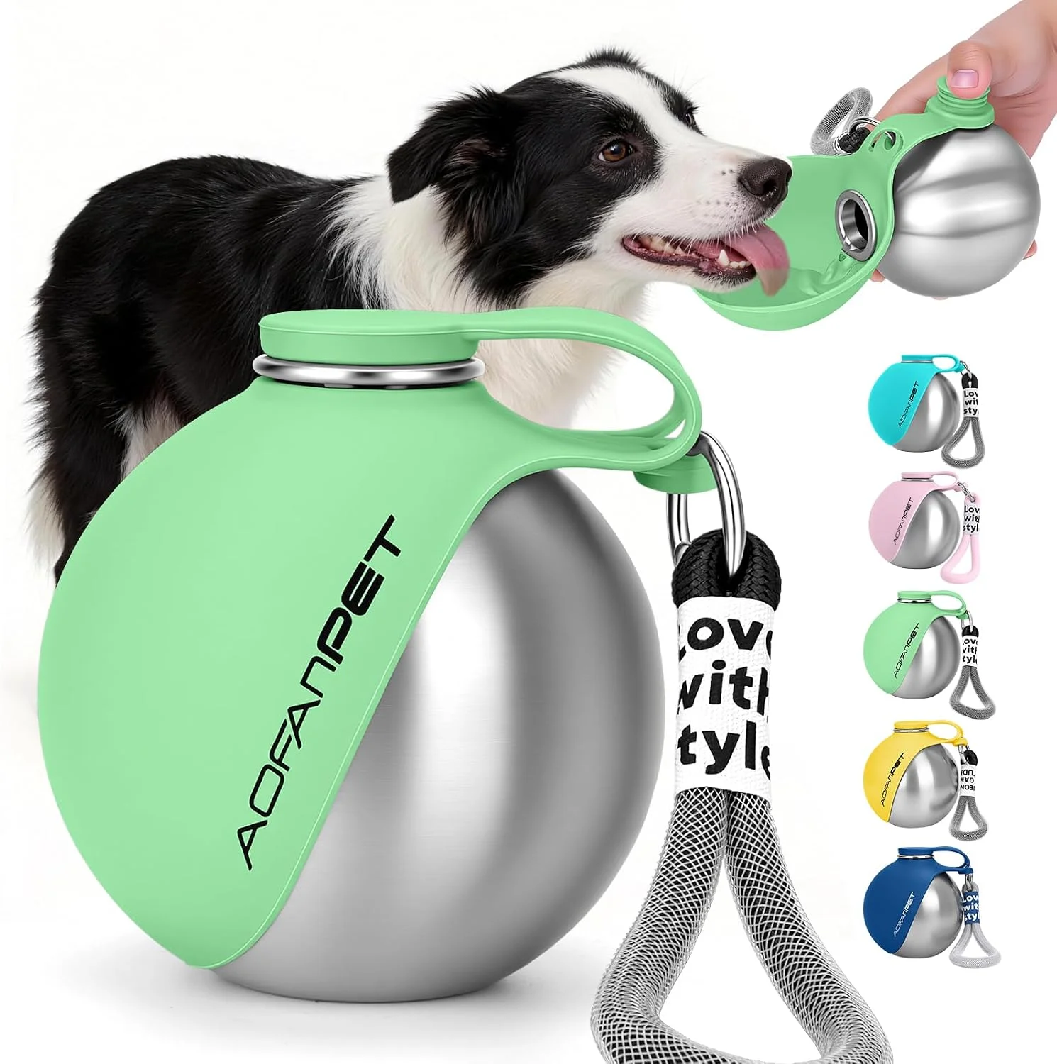 AOFANPET Portable Dog Water Bottle 10oz Stainless Steel Travel Dog Water Dispenser with Bowl No-Spill Puppy Water Bottle for Walking Hiking Small Dog Water Bottle (Mint Green)