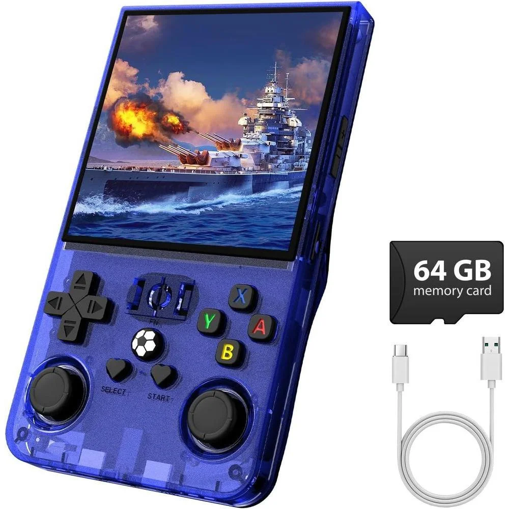 Consola de juegos retro portátil R36MAX con tarjeta de 64GB, sistema Linux y pantalla IPS HD, batería 4000mAh azul