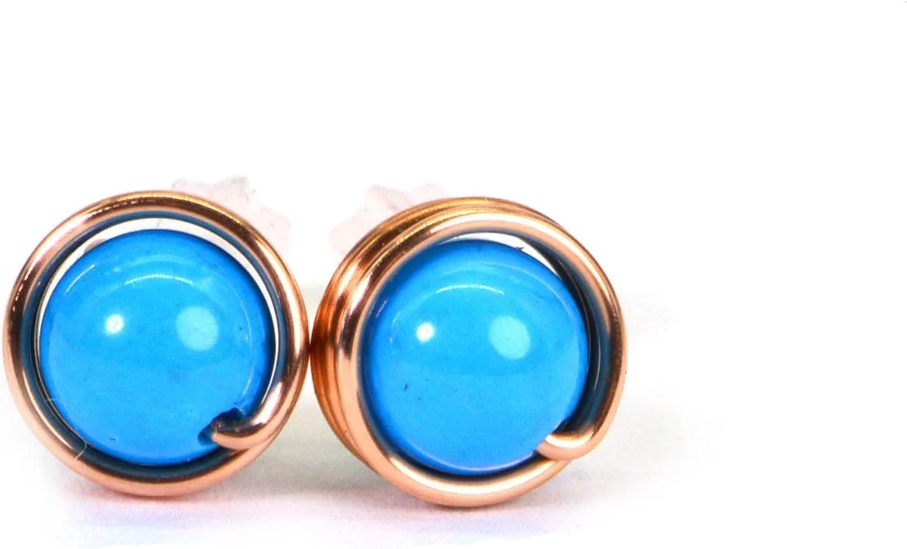 Copper Wire Wrapped Stud Earrings Natural Moonstone Round 6mm Earrings Gift For Girlfriend (blue turquoise)