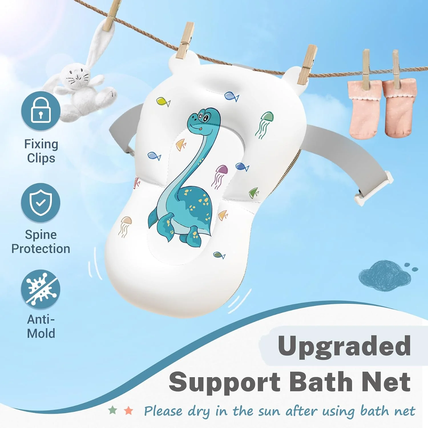 AVIDOR Bañera Plegable para Bebé Diseño Dinosaurio con Red de Baño Gris