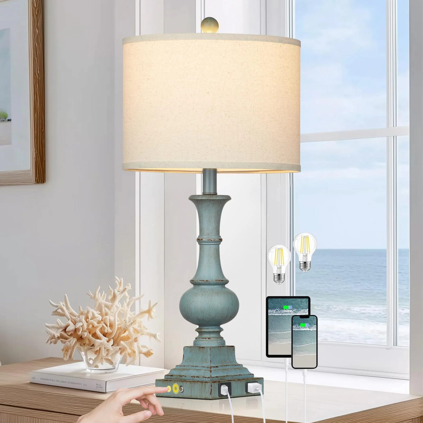 Lámpara de mesa Lolikit Coastal Farmhouse 26 pulgadas azul con puertos USB y control táctil