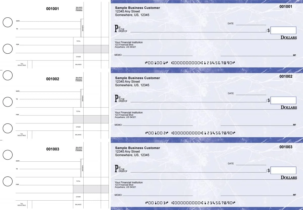 ABC Manual Checks for Business 3 on a Page with Stub Voucher, Blue Checks (100 Checks)