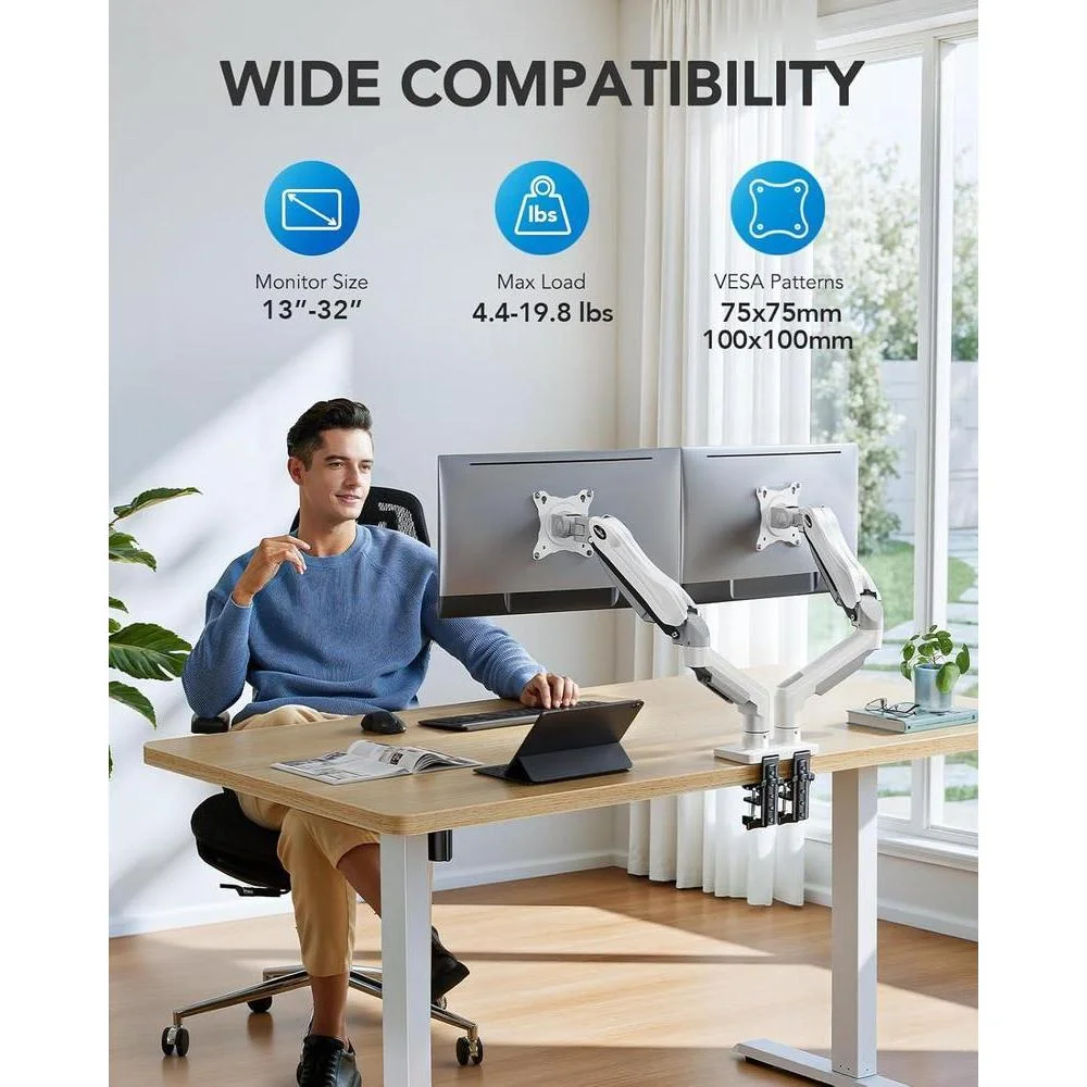 HUANUO Soporte ajustable para monitor dual con brazo giratorio y montaje VESA. Compatible con pantallas de computadora, blanco