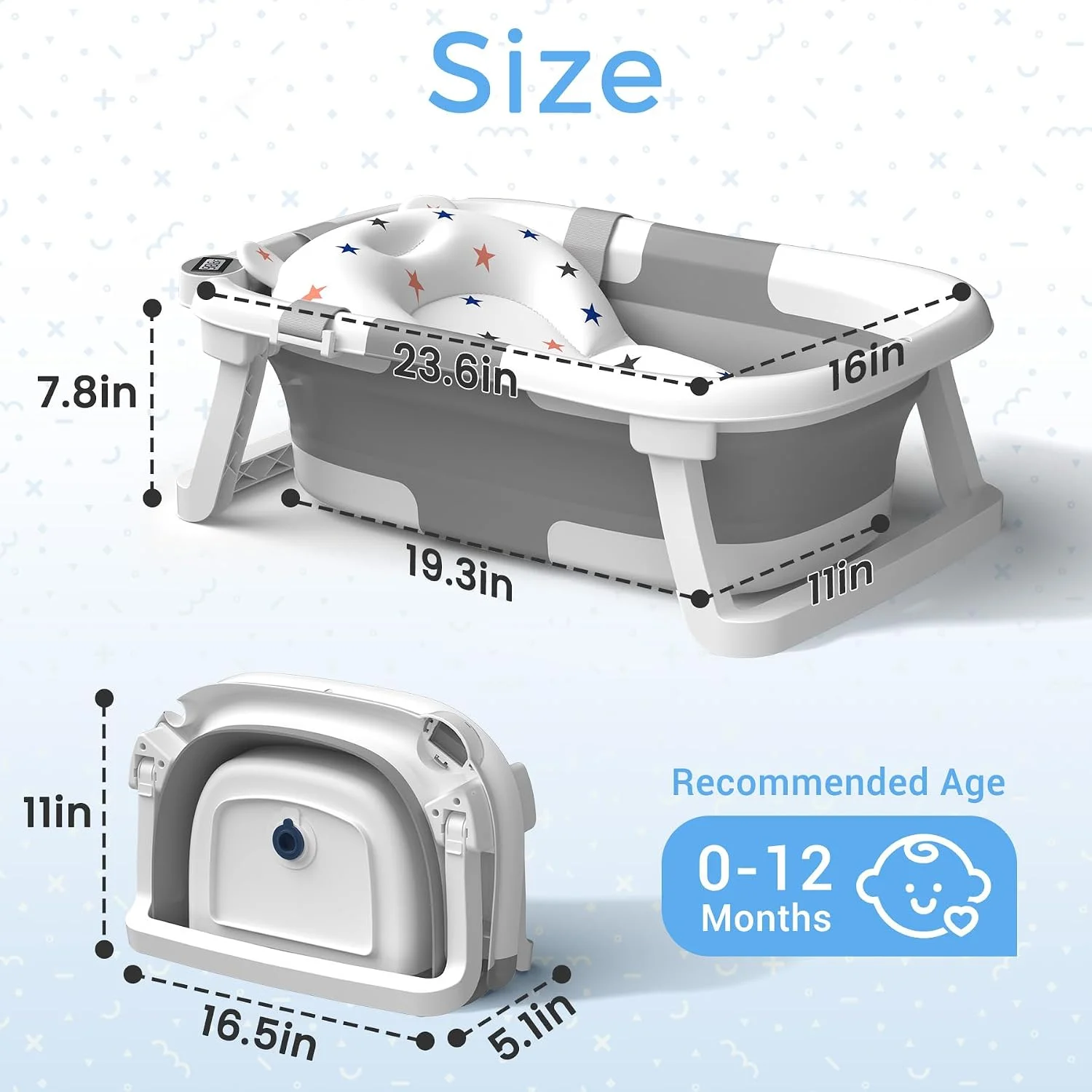 BUNWAG Classic Bañera Plegable para Bebé 0 a 12 Meses con Cojín Suave