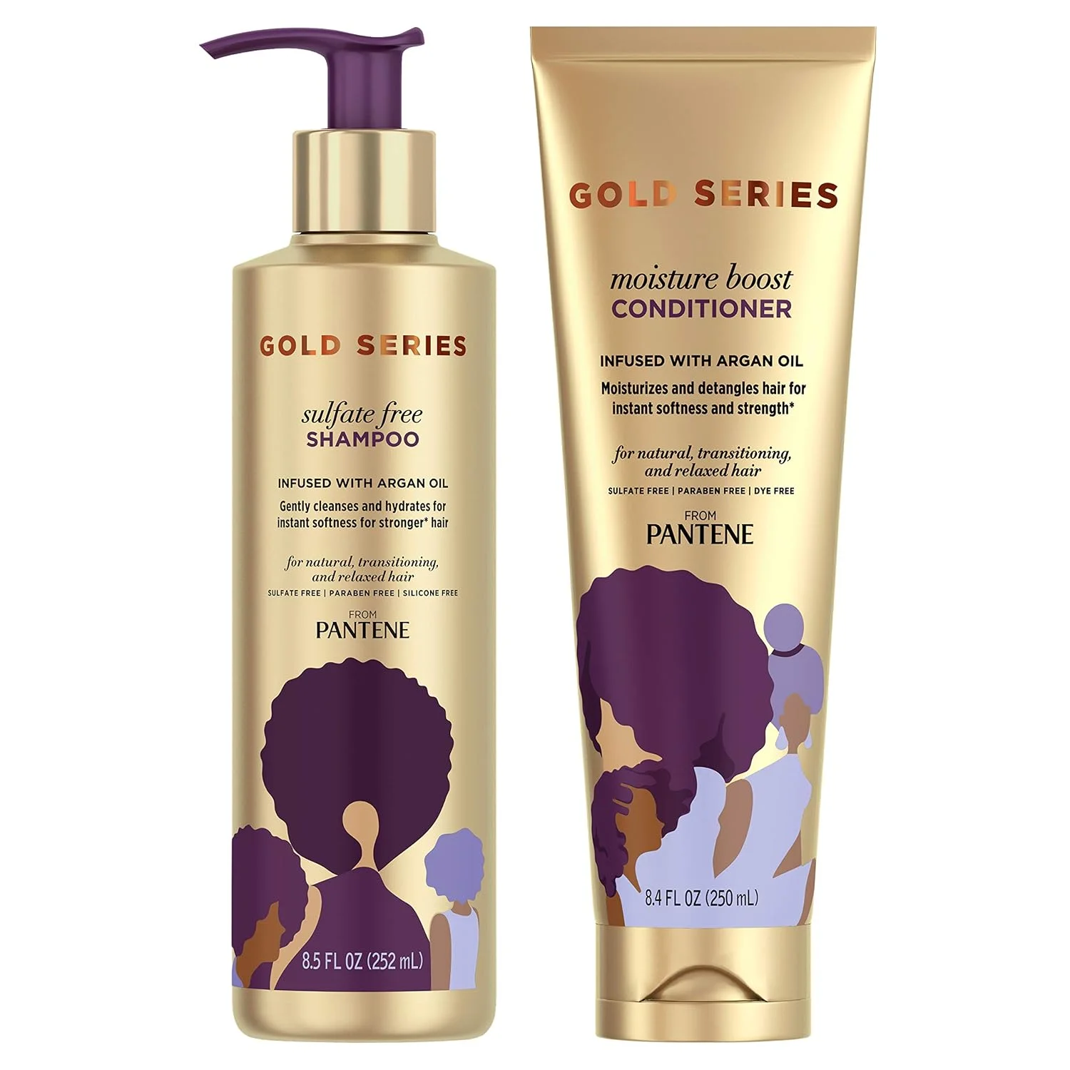 Pantene Shampoo and Sulfate Free Conditioner Kit, with Argan Oil, Pro-V Gold Series, for Natural and Curly Textured Hair, 16.9 fl oz, Kit