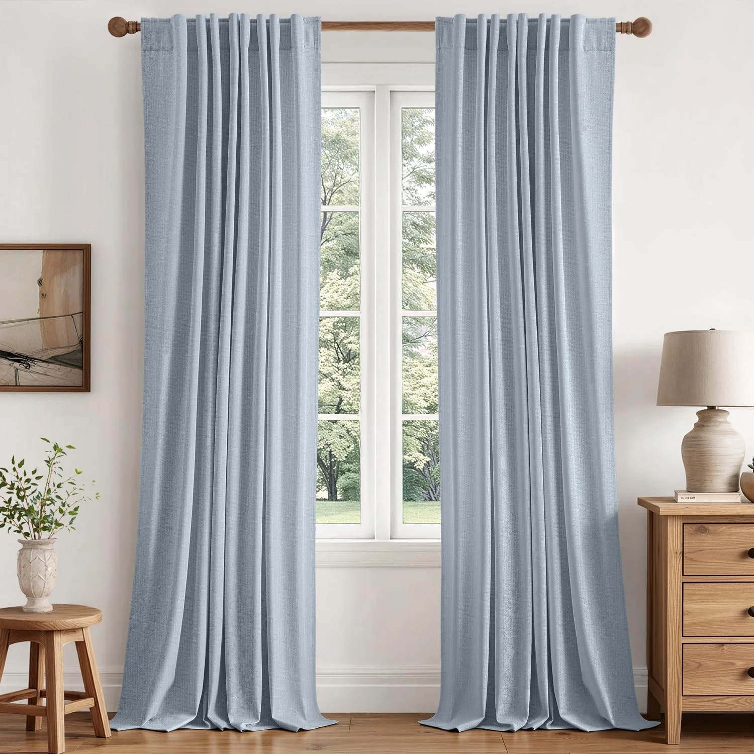 Cortina de tela Miulee 100% blackout lino azul claro 40 x 108 pulgadas