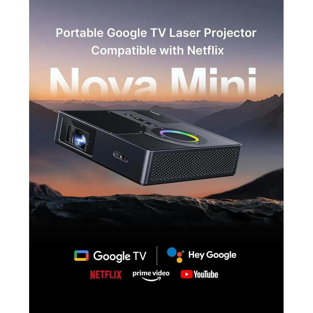 Proyector láser portátil NexiGo Nova Mini, Google TV, Netflix, 1080p FHD, contraste 15000:1 SAE, 3D, autoajuste, Dolby 8W