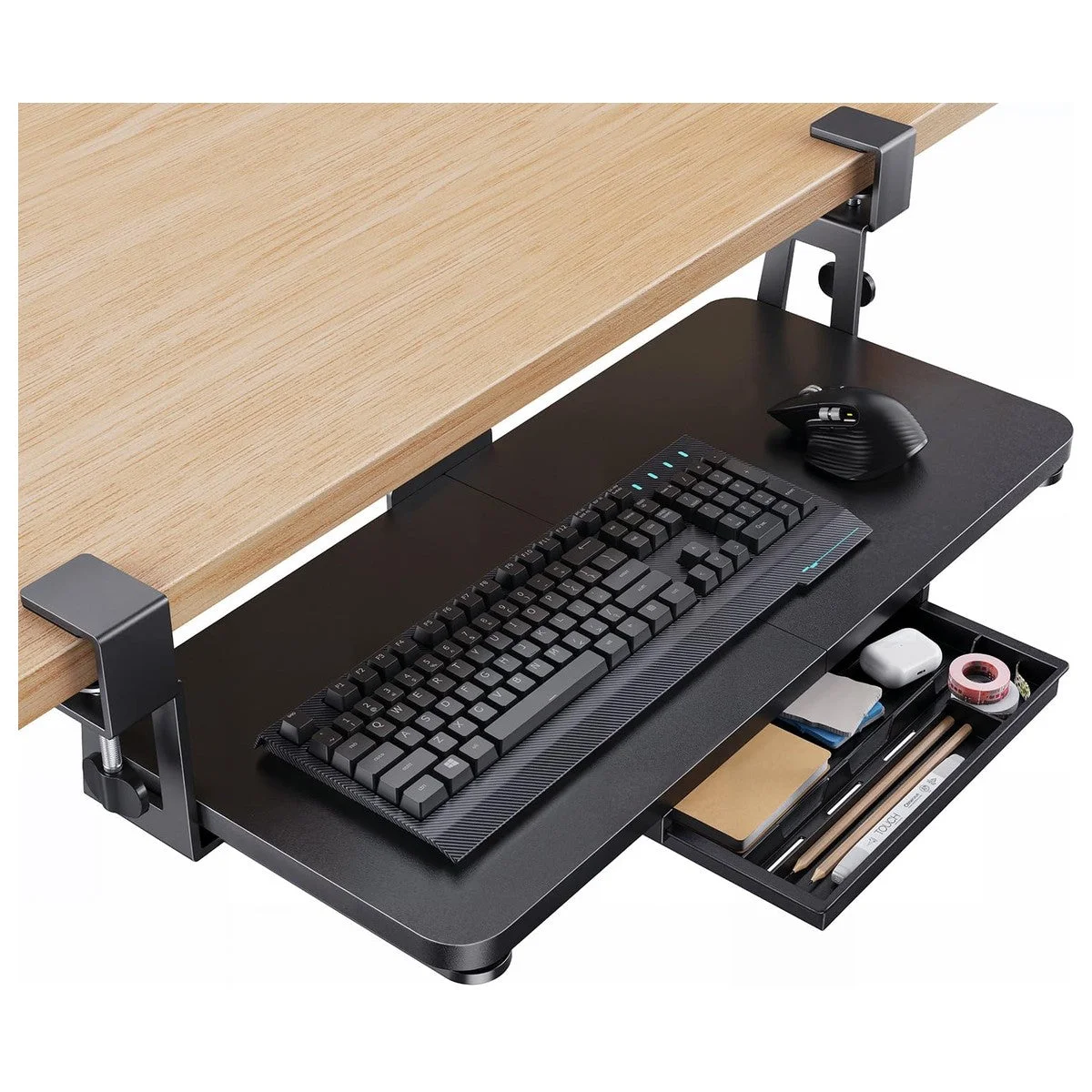 HUANUO Large Under Desk Keyboard Tray with Sturdy C-Clamp Mount, 26 (30.16" Including Clamps) x 12 inch Slide-Out Platform Computer Desk Heavy Duty Keyboard Tray with Storage Drawer for Typing, Black