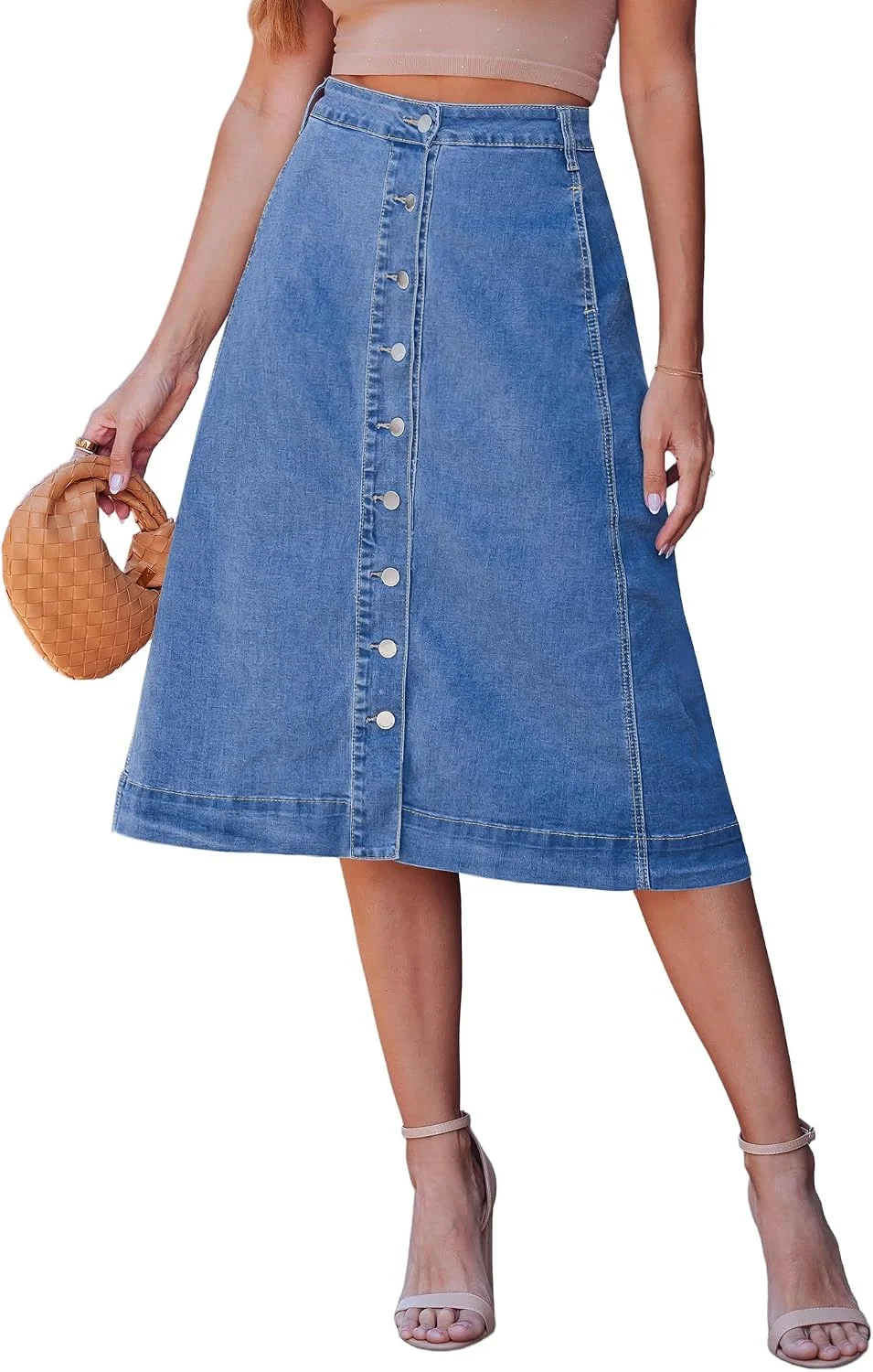 Falda de jean luvamia midi A-line con botones y bolsillos