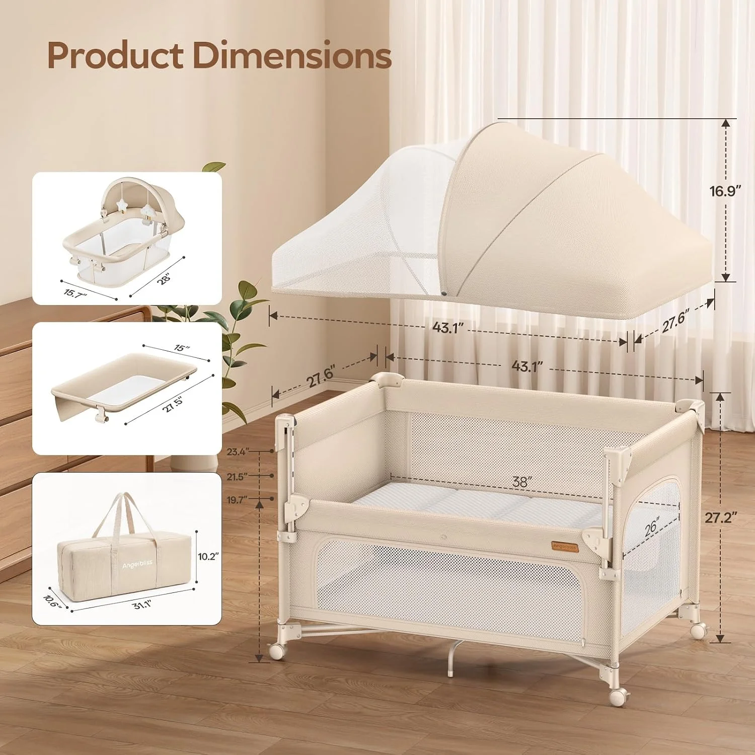 Angelbliss Cuna Colecho Plegable 5 en 1 con Corral de Juegos