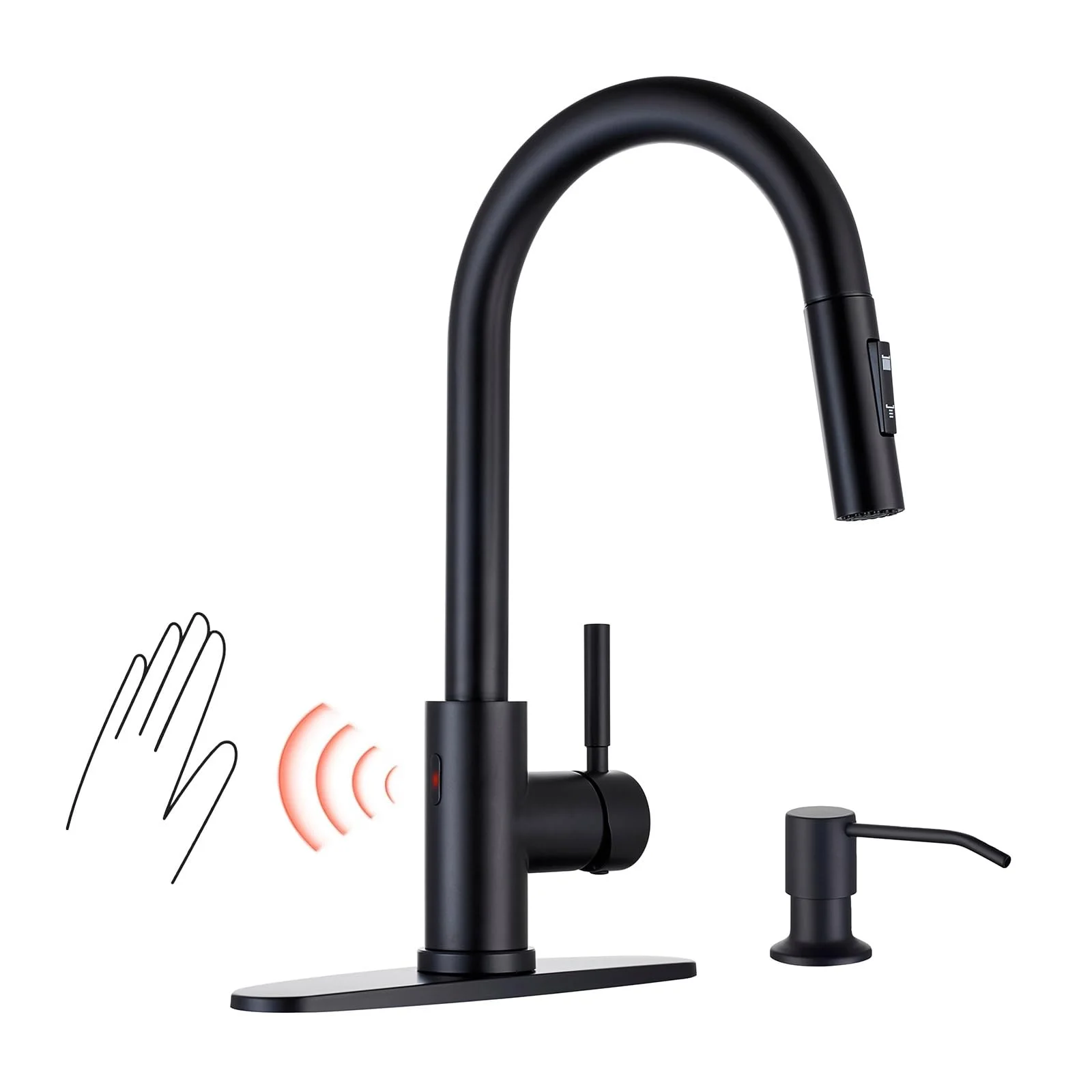 TOYWIA Touchless Kitchen Faucets with Pull Down Sprayer and Soap Dispenser, Matte Black Smart Motion Sensor Stainless Steel Sink Faucet, 1 or 3 Hole Deck Plate Mount for RV, Bar, Outdoor