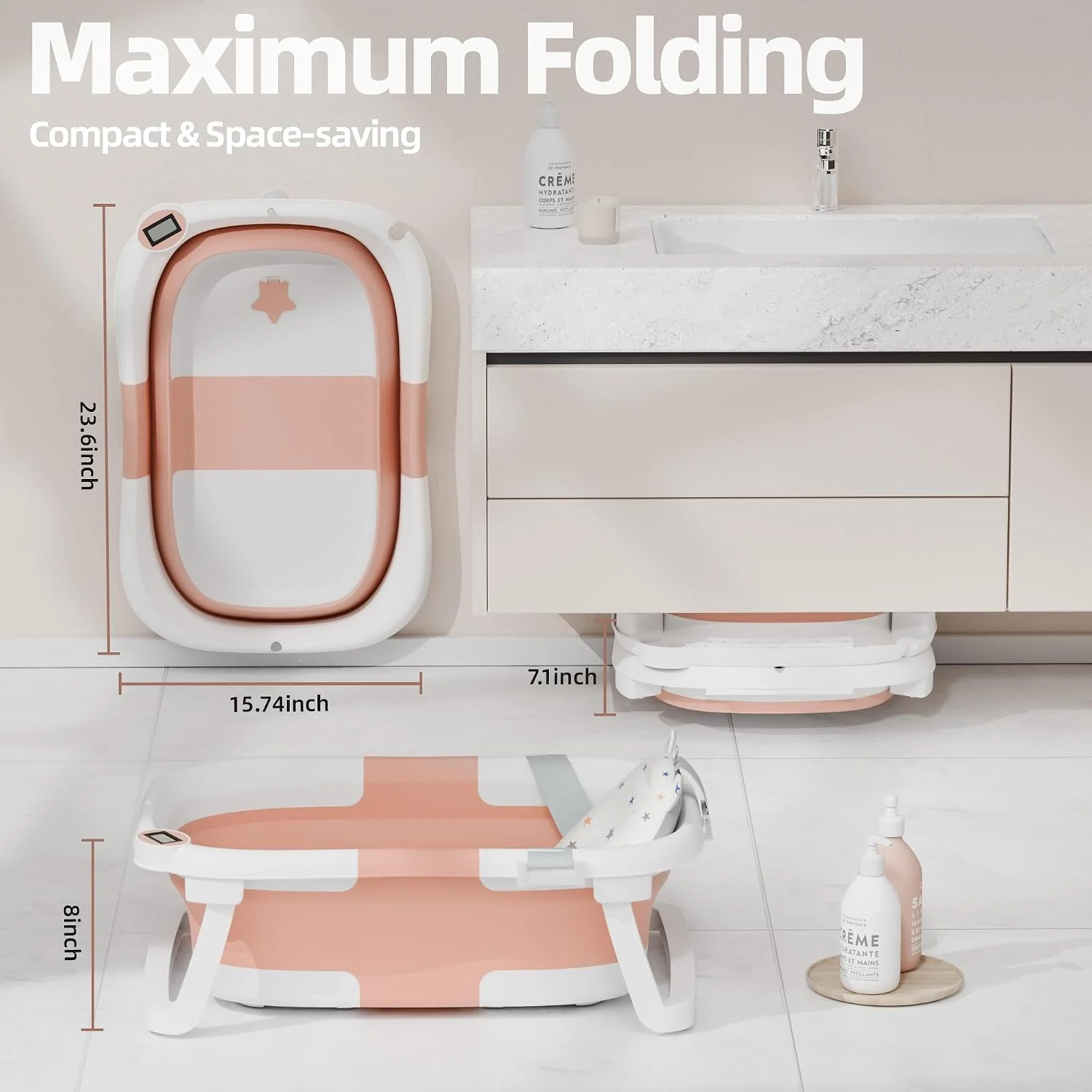 iBabyMax Bañera Plegable para Bebé con Termómetro 0 a 36 Meses Rosada