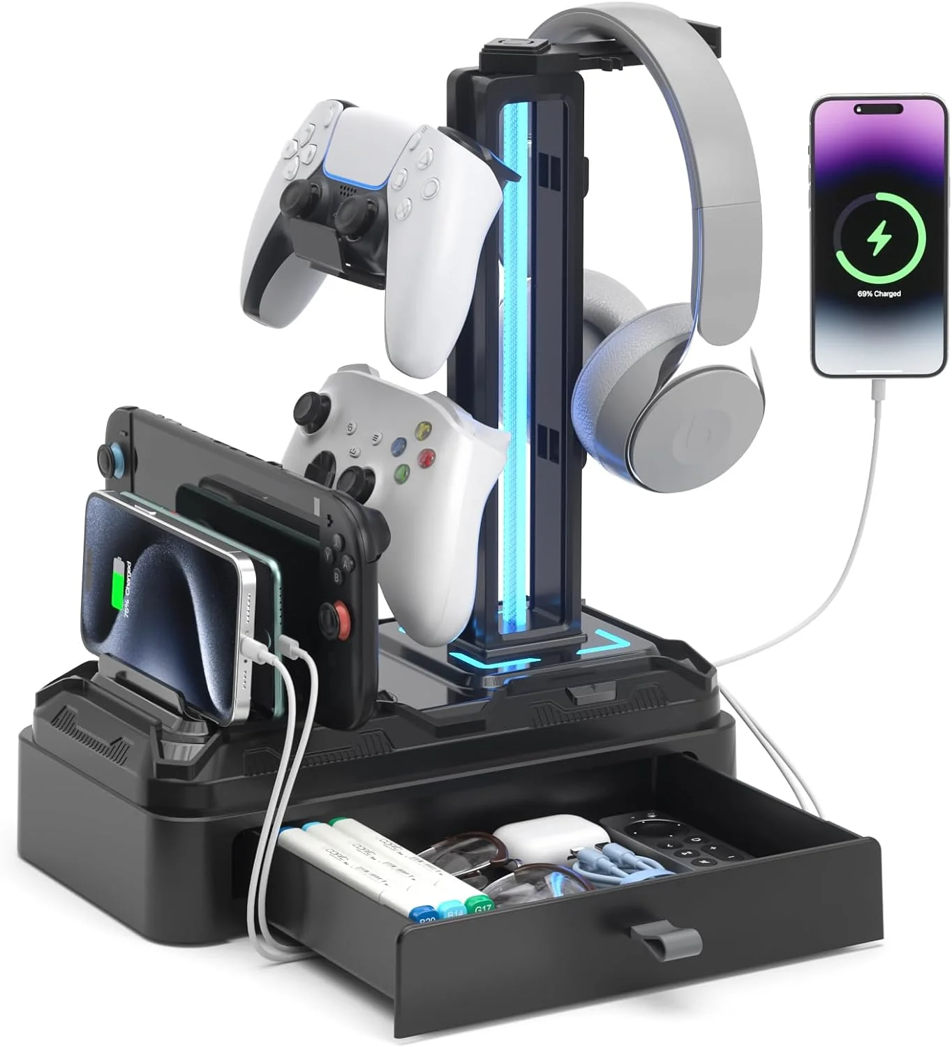 Soporte para audífonos KDD con puertos USB A y C, controlador RGB y almacenamiento