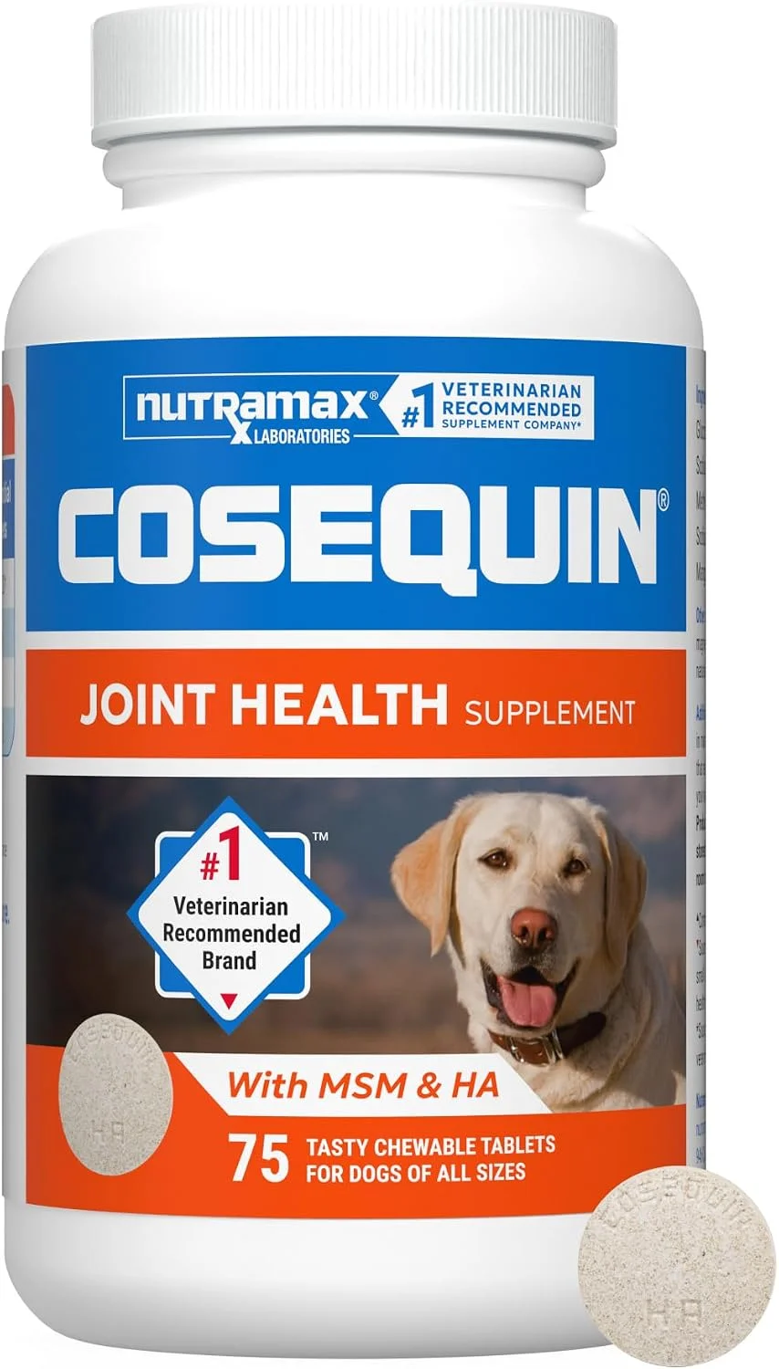 Suplemento articular Cosequin para perros con glucosamina, condroitina, MSM y ácido hialurónico, 75 tabletas masticables