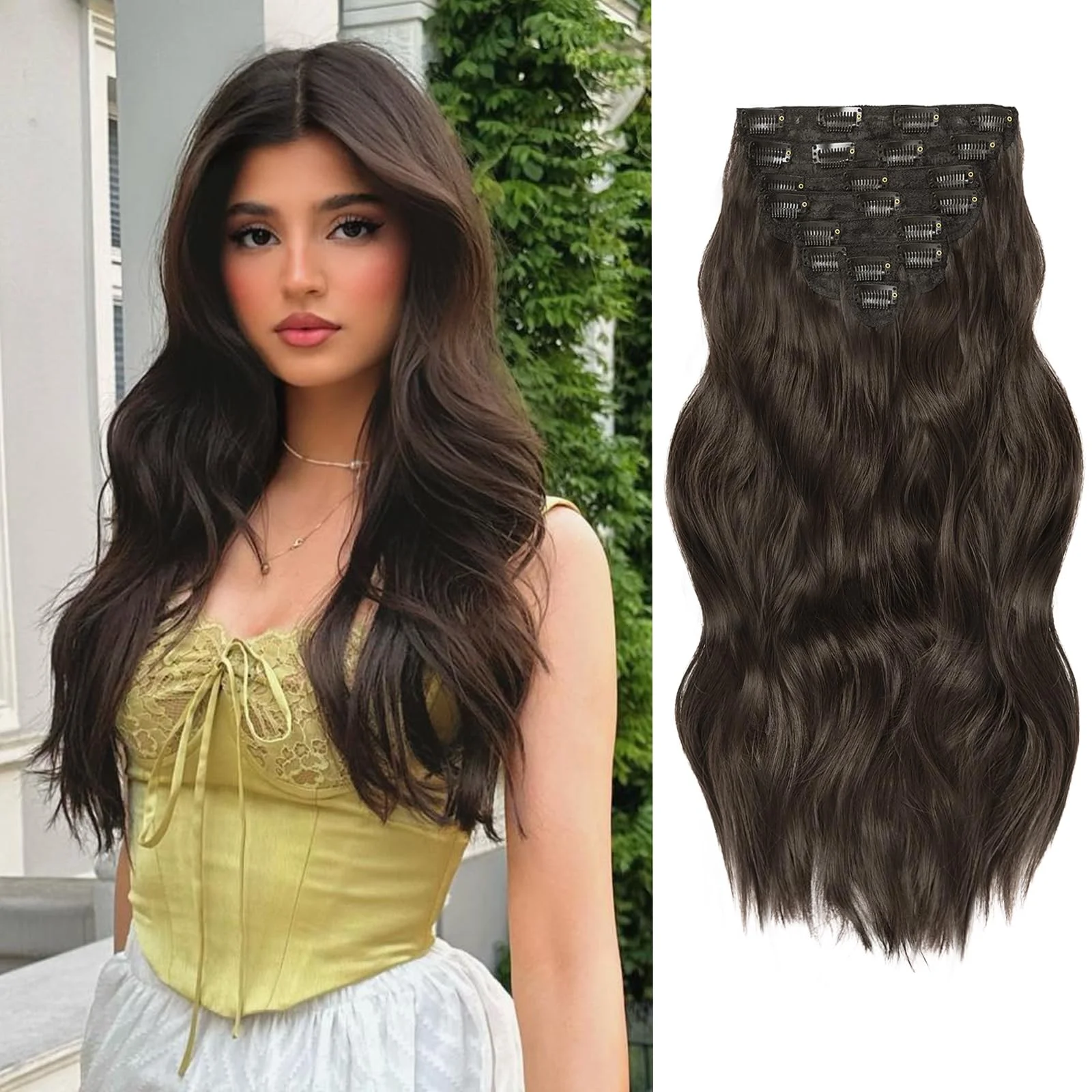 Extensiones de cabello clip in ondulado marrón oscuro 20 pulgadas 8 piezas Verna