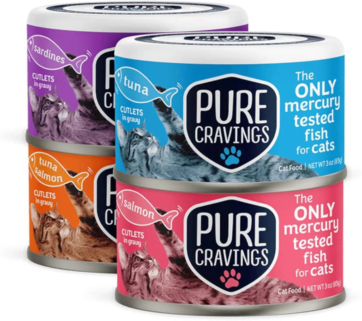 Alimento húmedo para gatos Pure Cravings variedad atún, salmón y sardinas, pack 12 latas