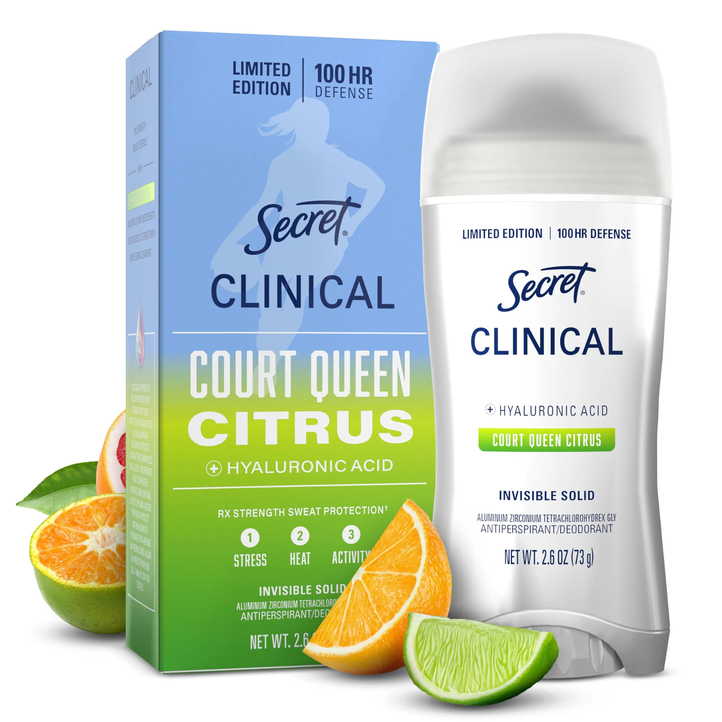 Desodorante Antitranspirante Secret Clinical Strength 100HR Defense Invisible Solid para Mujer Court Queen Citrus 2.6 oz