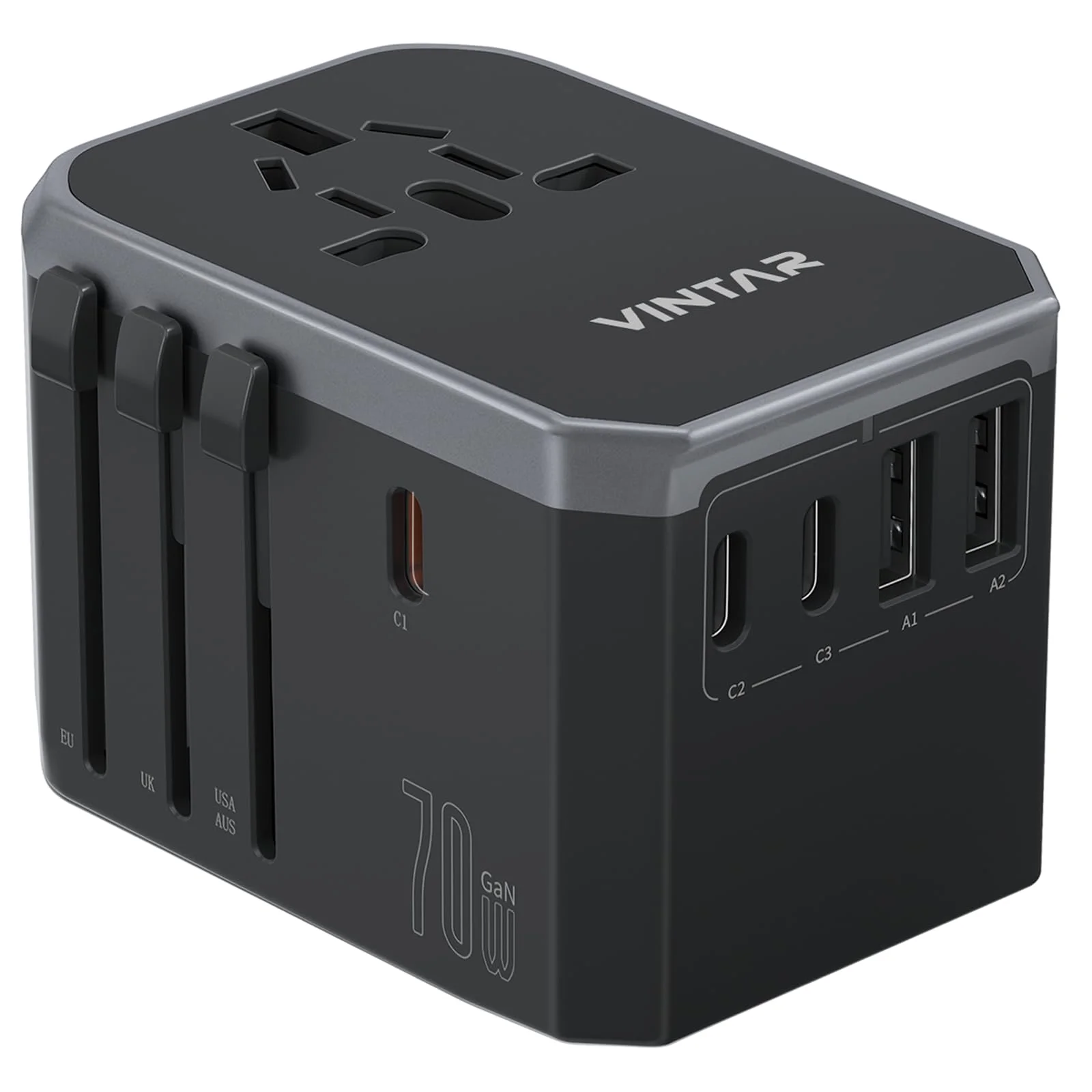 Adaptador universal de viaje VINTAR 70W GaN con 3 USB-C y 2 USB-A