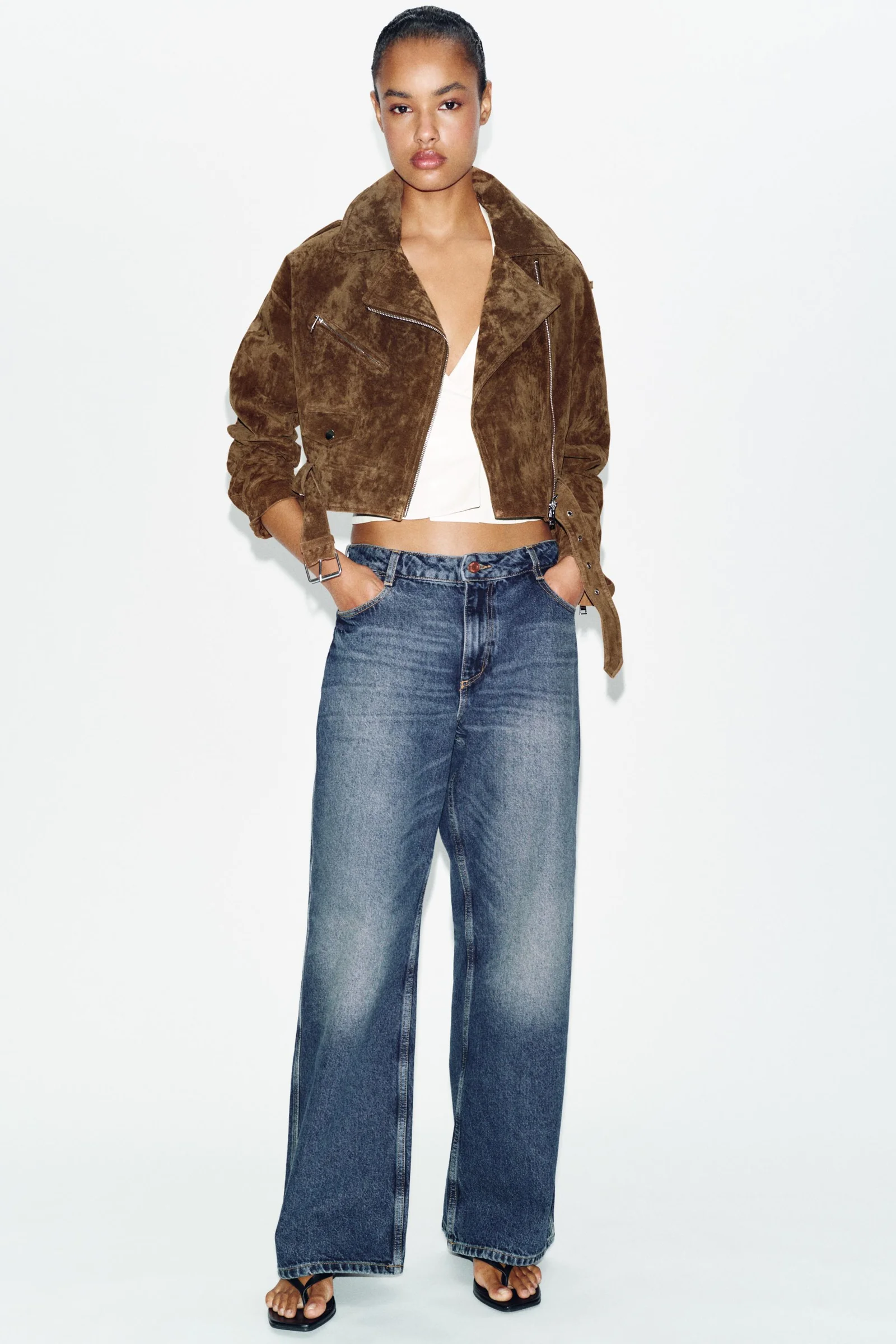 Cazadora Corta 100% Piel Ante Cinturón Zara