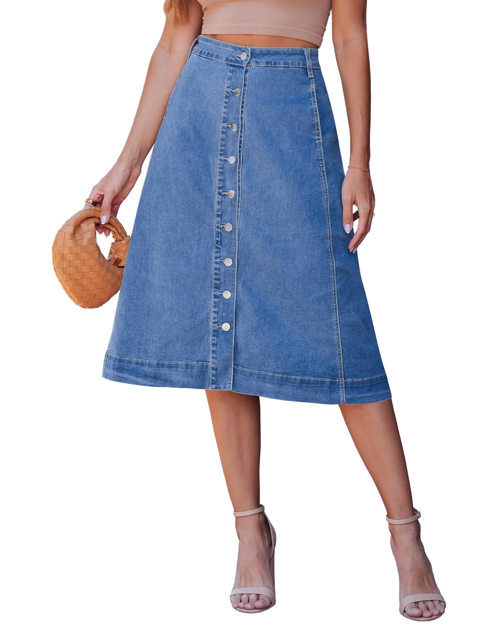 Falda Midi Denim luvamia Botones A-Line Elástica con Bolsillos