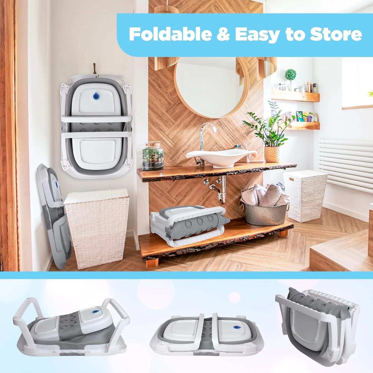 BEBELEH Bañera Plegable para Bebé con Termómetro y Doble Hamaca Gris