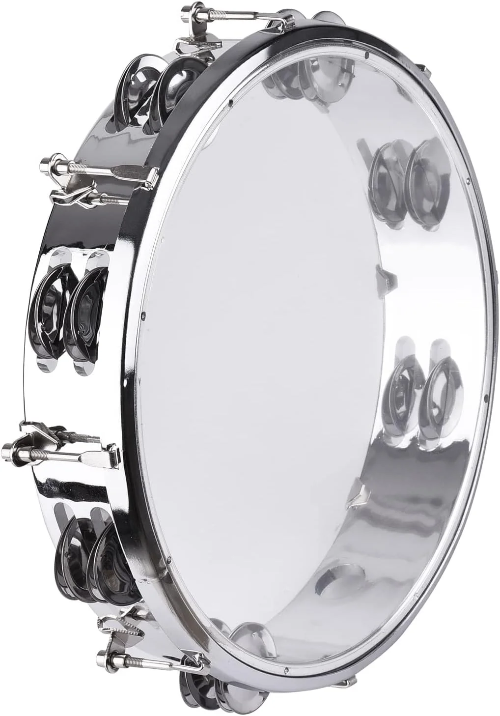 Tambourine, Handbell, Jingle Bell Double Row Metal Cymbals Drum Instrument, Handheld Percussion for Dancing, Singing, Karaoke, Music Class (10-inch)