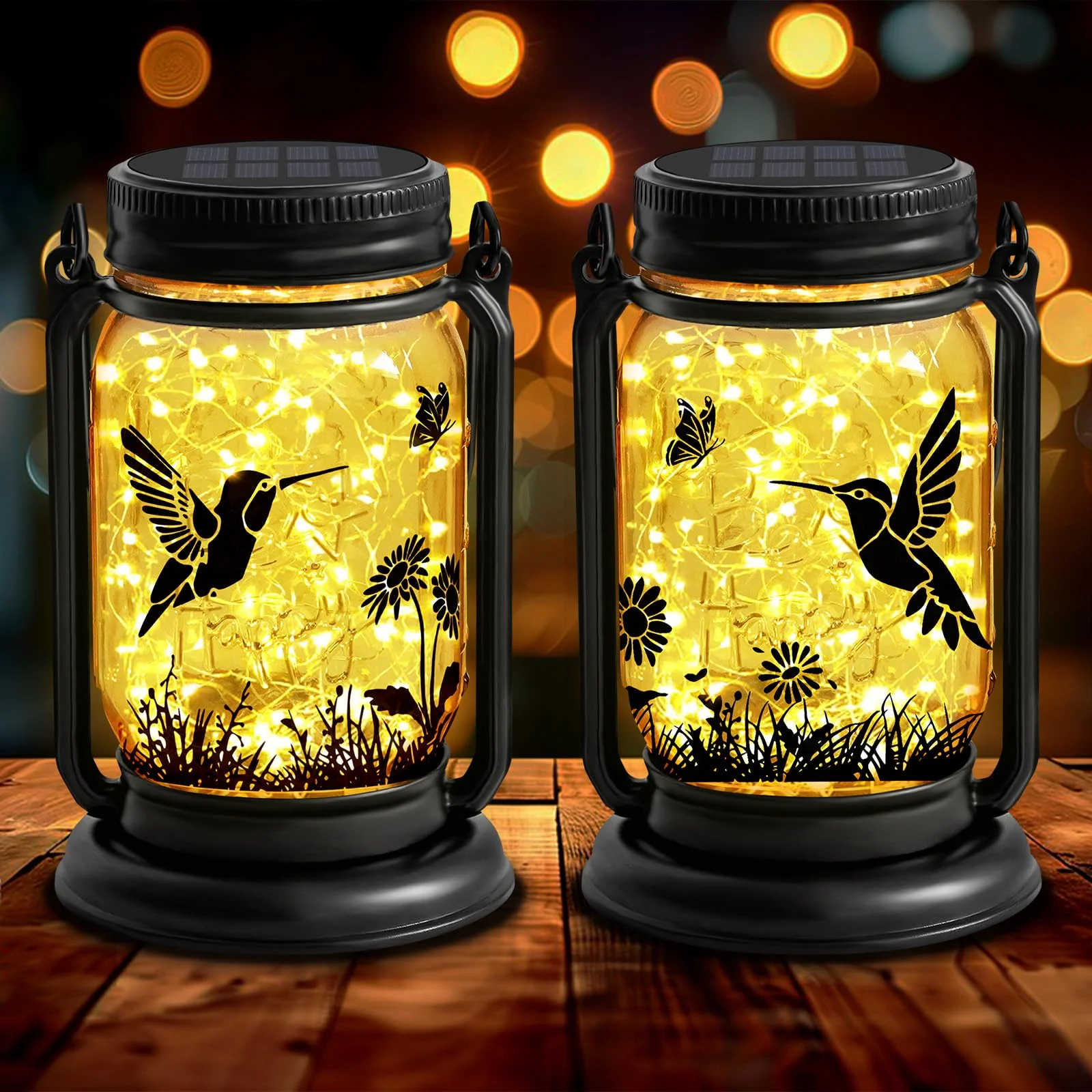 Farol solar exterior Yjfwal colibrí con luz LED blanca cálida, paquete de 2