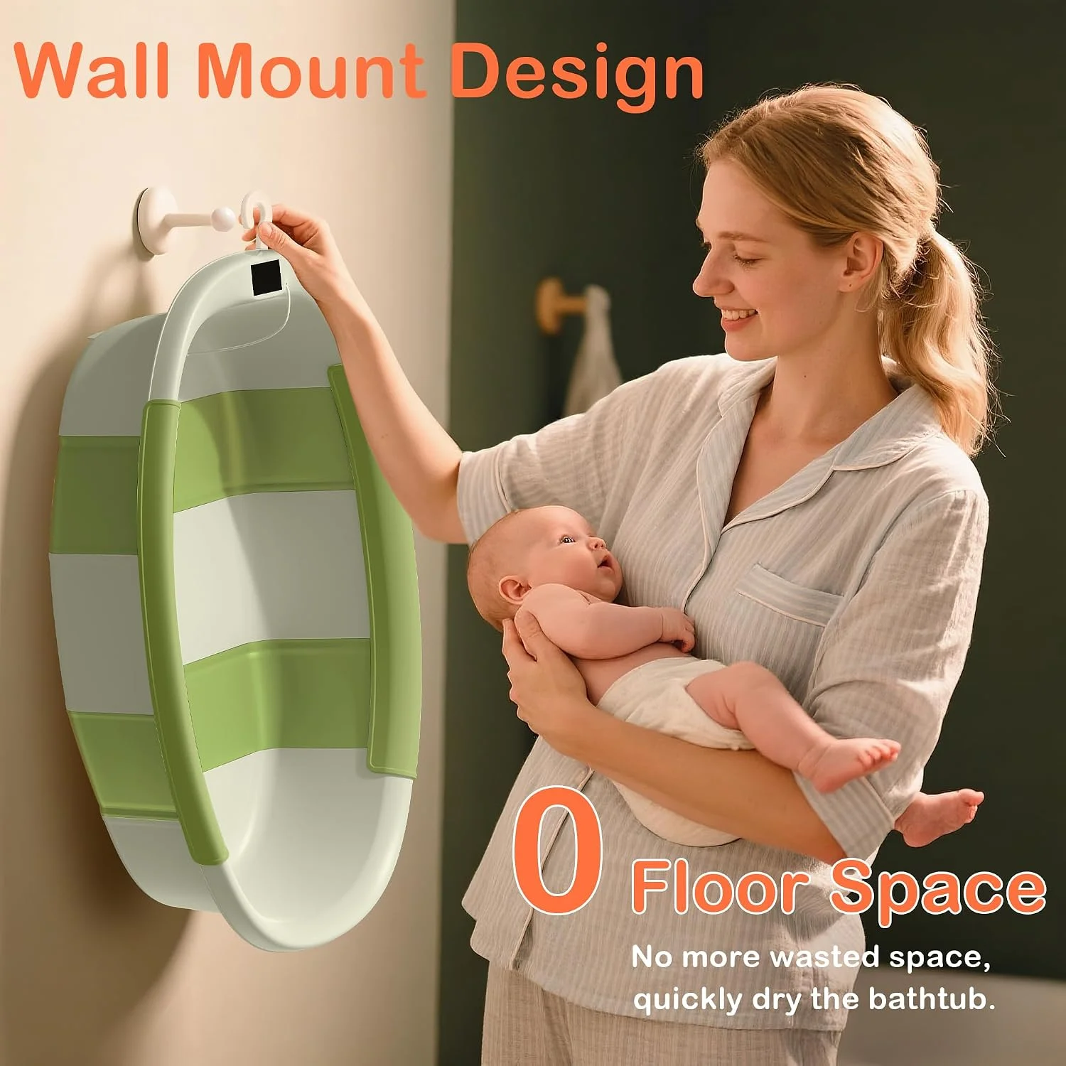Spluvvly Bañera Plegable Grande para Bebé con Termómetro y Cojín Verde